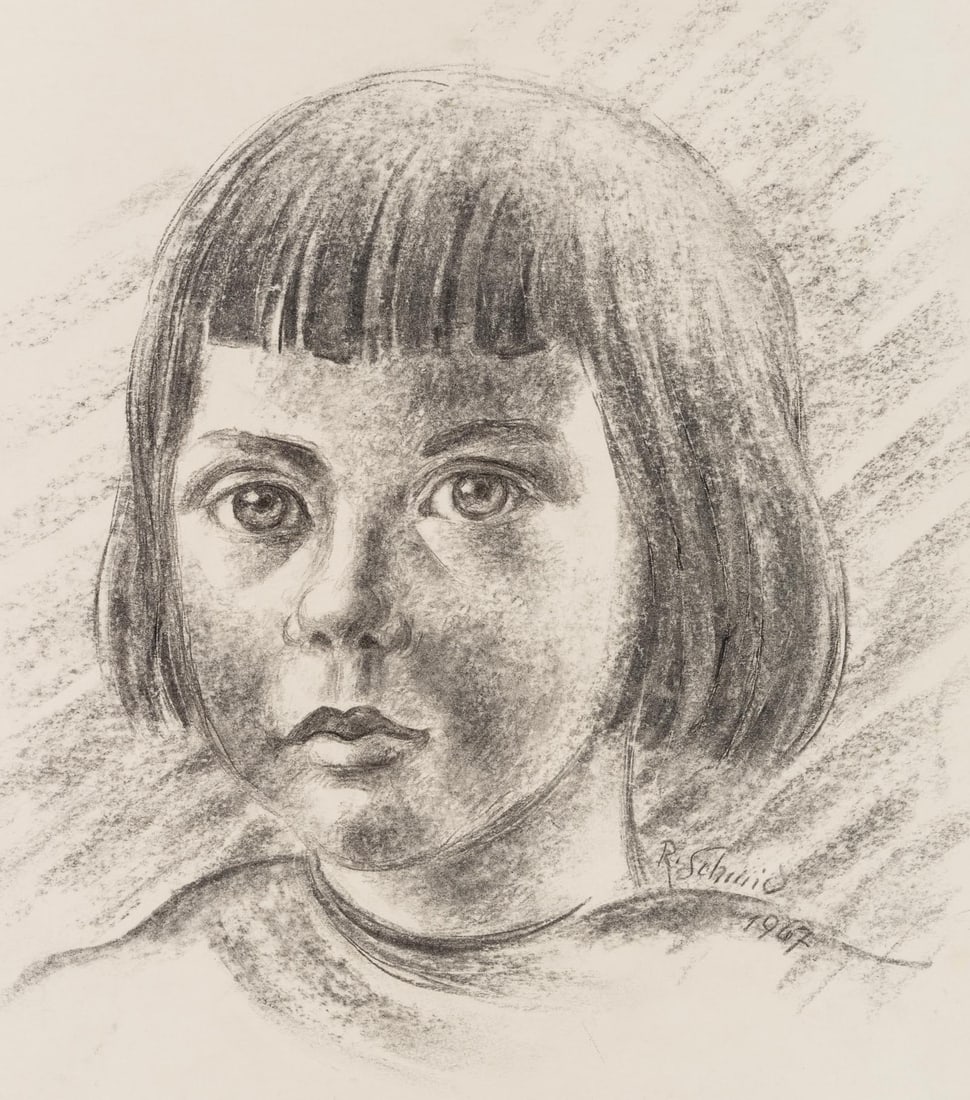 R. SCHMIDT (20th), Portrait of a child. Girl’s head, 1967, Charcoal (1 of 4)