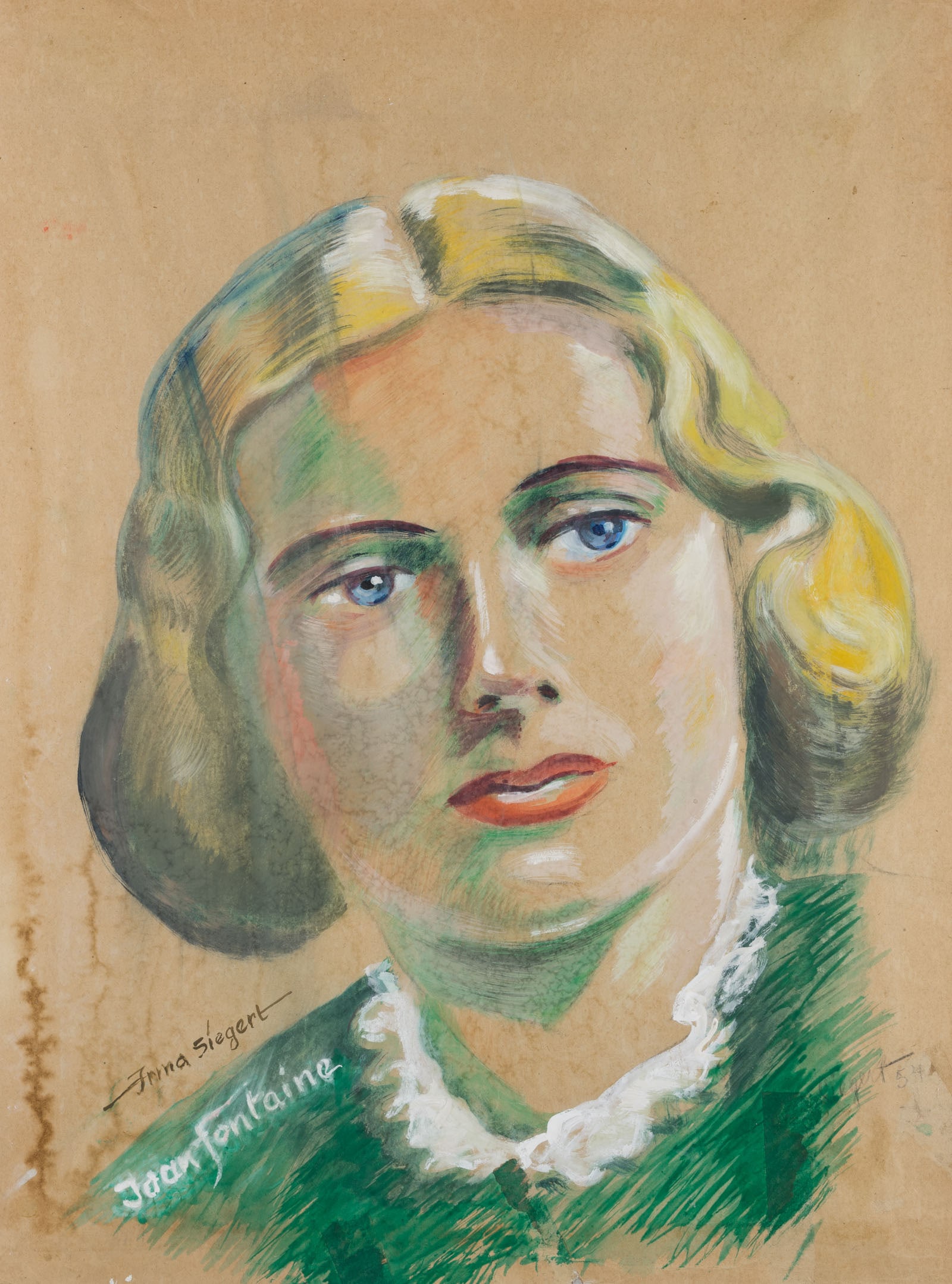 I. SIEGERT (20th), Film poster featuring Joan Fontaine, 1954, Watercolor: Irma Siegert (20th century): Hand-painted film poster with portrait of actress Joan Fontaine, 1954, Watercolor Technique: Watercolor on Cardboard Inscription: Lower right signed: "Siegert". Date: 1954