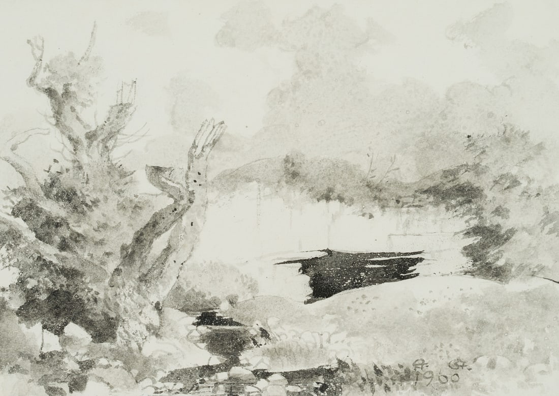 E. STEPPES (1873-1968), Trees on the riverbank, 1960, Brush drawing (1 of 7)