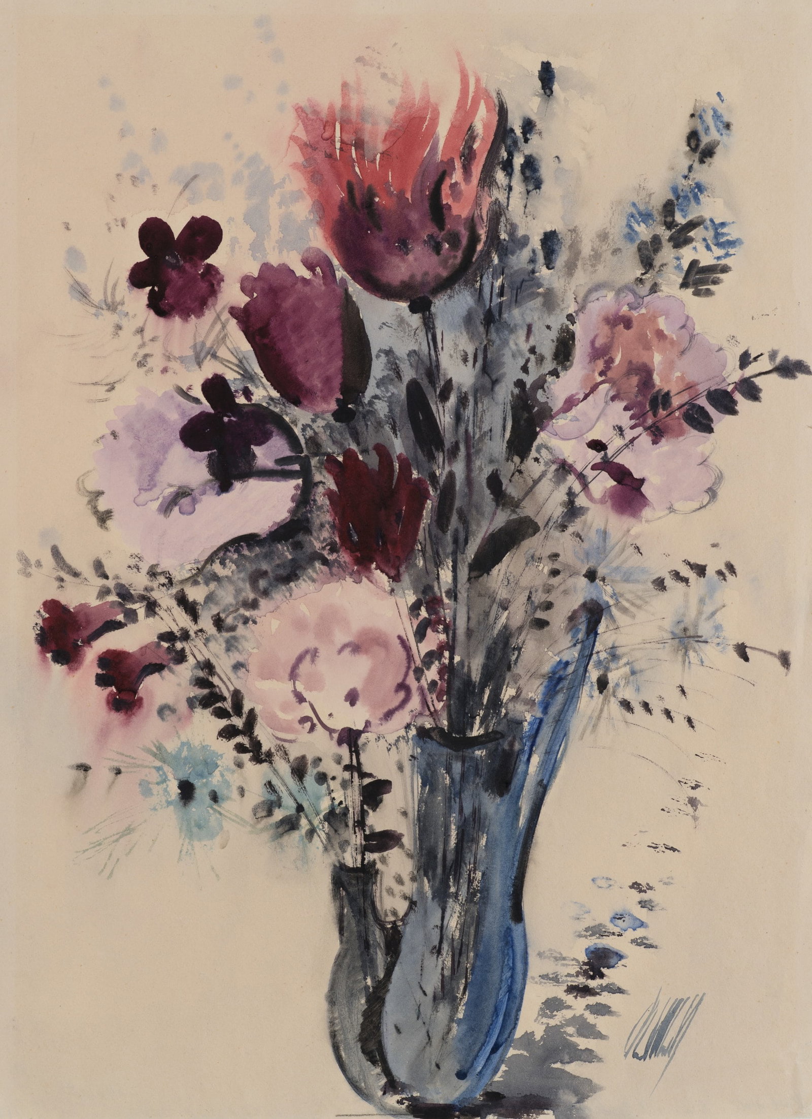 K. WOLF (1901-1993), Bouquet of flowers in a vase, 1955, Watercolor (1 of 6)