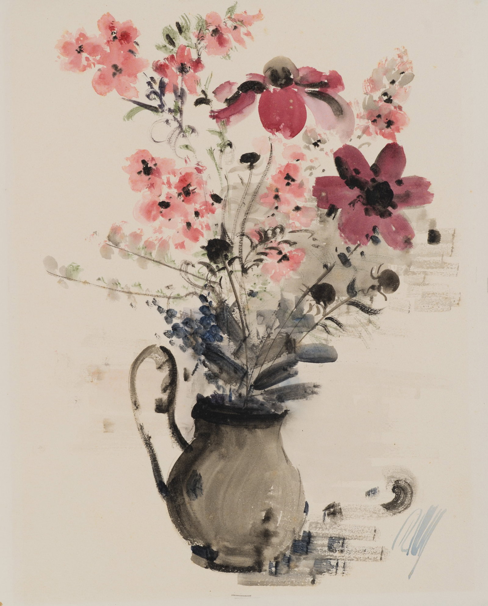 K. WOLF (1901-1993), Bouquet of flowers in a vase, 1951, Watercolor: Karl Wolf (1901 Munich - 1993 ): Still life with bouquet of flowers in vase, 1951, Watercolor Technique: Watercolor on Paper Inscription: Lower right signed: "KWolf". Verso dated: "18.8.1951". Date: 1