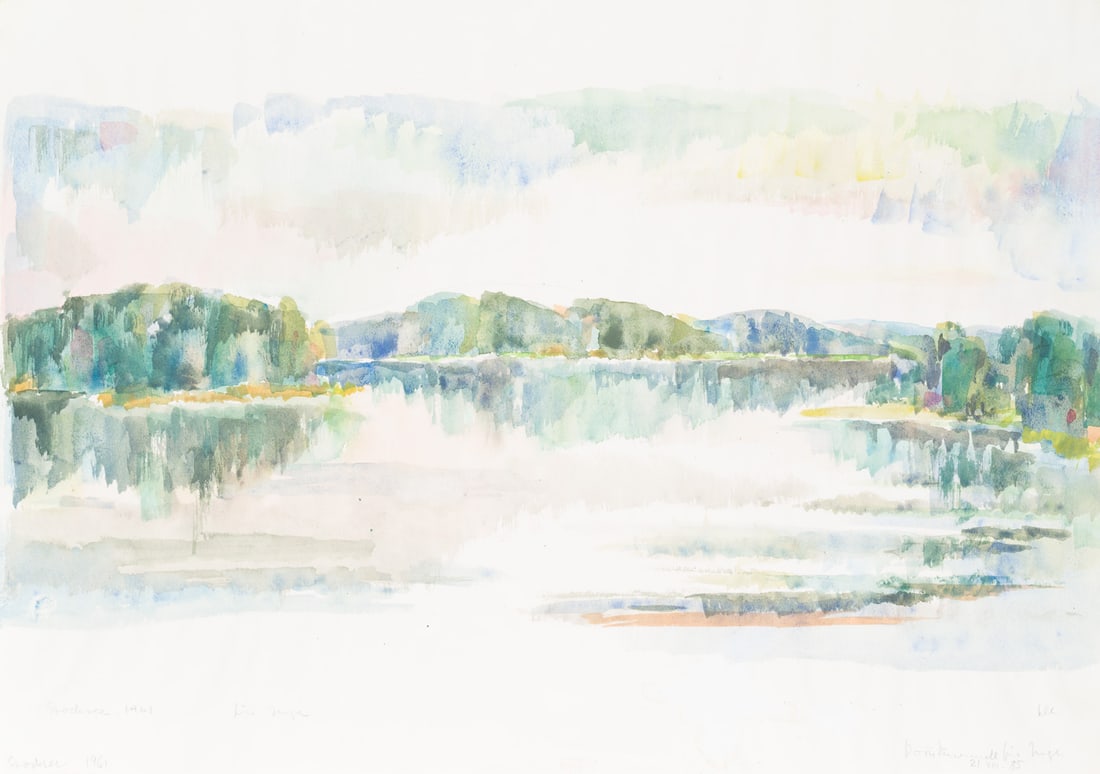 Unknown (20th), Stocksee in Schleswig-Holstein, 1961, Watercolor: Unknown (20th century): View of the Stocksee in Schleswig-Holstein, 1961, Watercolor Technique: Watercolor on Paper Date: 1961 Description: From the shore of the Stocksee, the viewer gazes at the surf