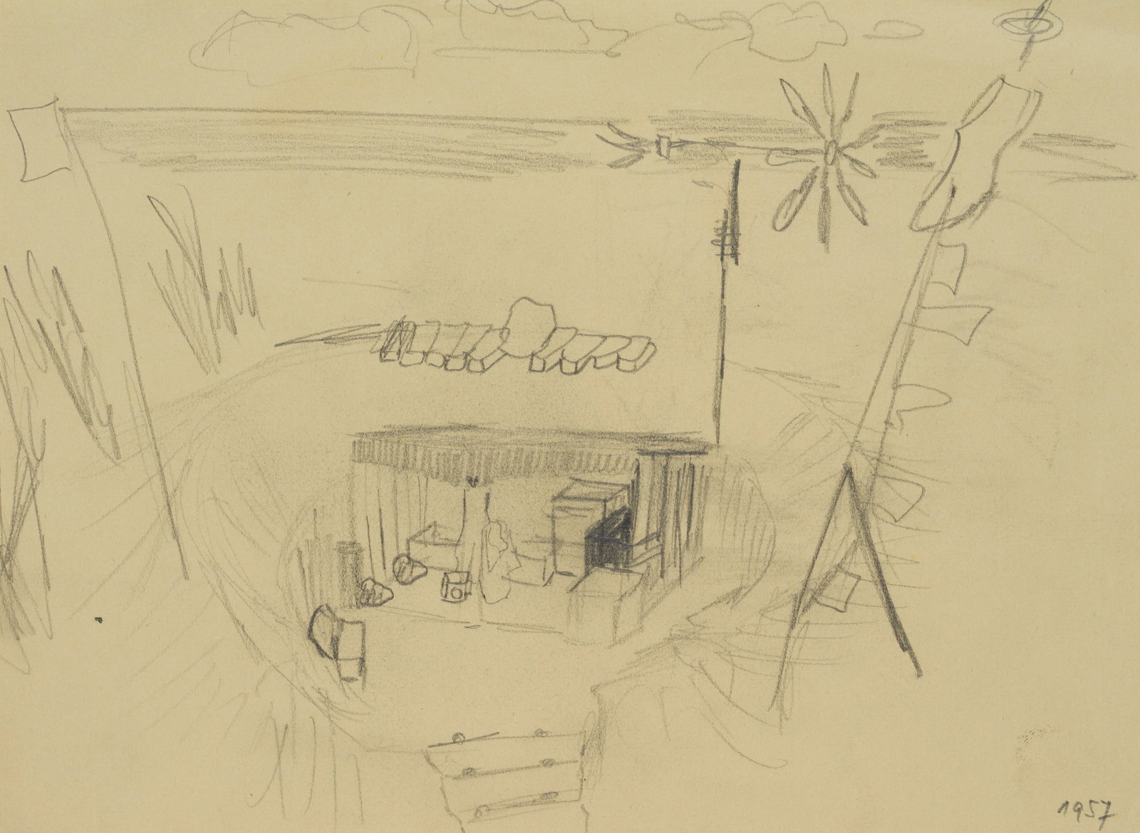 Unknown (20th), Caricature of an inhabited sandcastle, 1957, Pencil: Unknown (20th century): Caricature of an inhabited sandcastle Hut in the middle of sand walls, 1957, Pencil Technique: Pencil on Paper Inscription: Lower right inscribed by another person: "1957". Dat