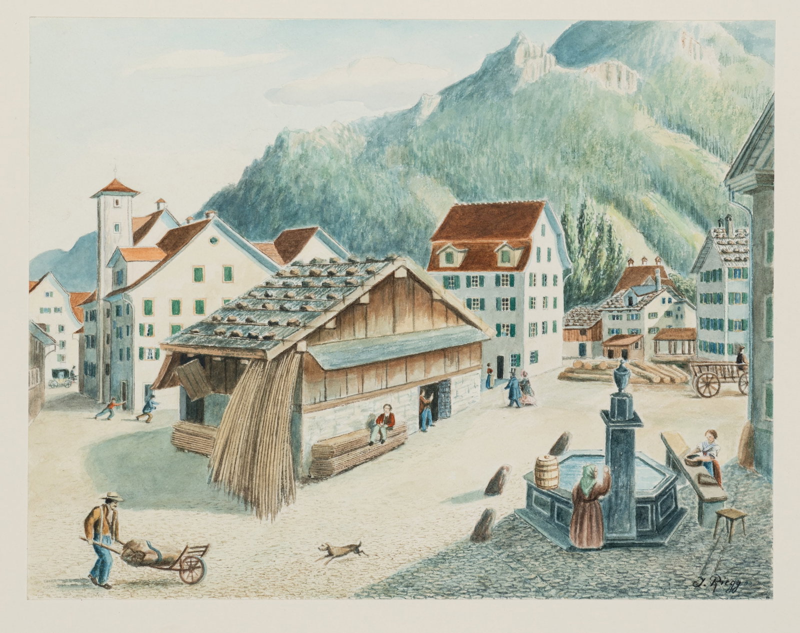 Unknown (20th), An Alpine town with fountains and a market hall, Watercolor (1 of 5)