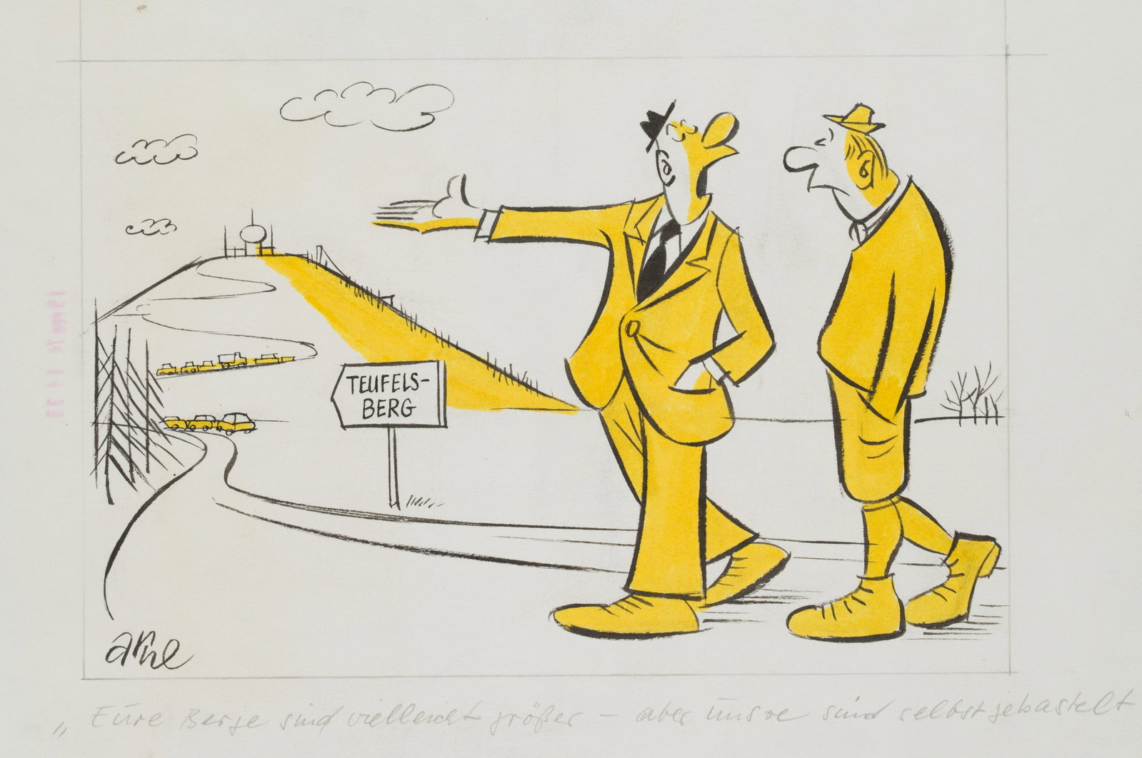 A. LEIHBERG (1934-1999), Cartoon, Teufelsberg in Berlin, around 1970, Indian ink: Arne Leihberg (1934 Leipzig - 1999 Berlin): Caricature, Teufelsberg in Berlin Proud tourist guide on the rubble mountain, c. 1970, Indian ink Technique: Watercolored Indian ink on Paper Inscription: l