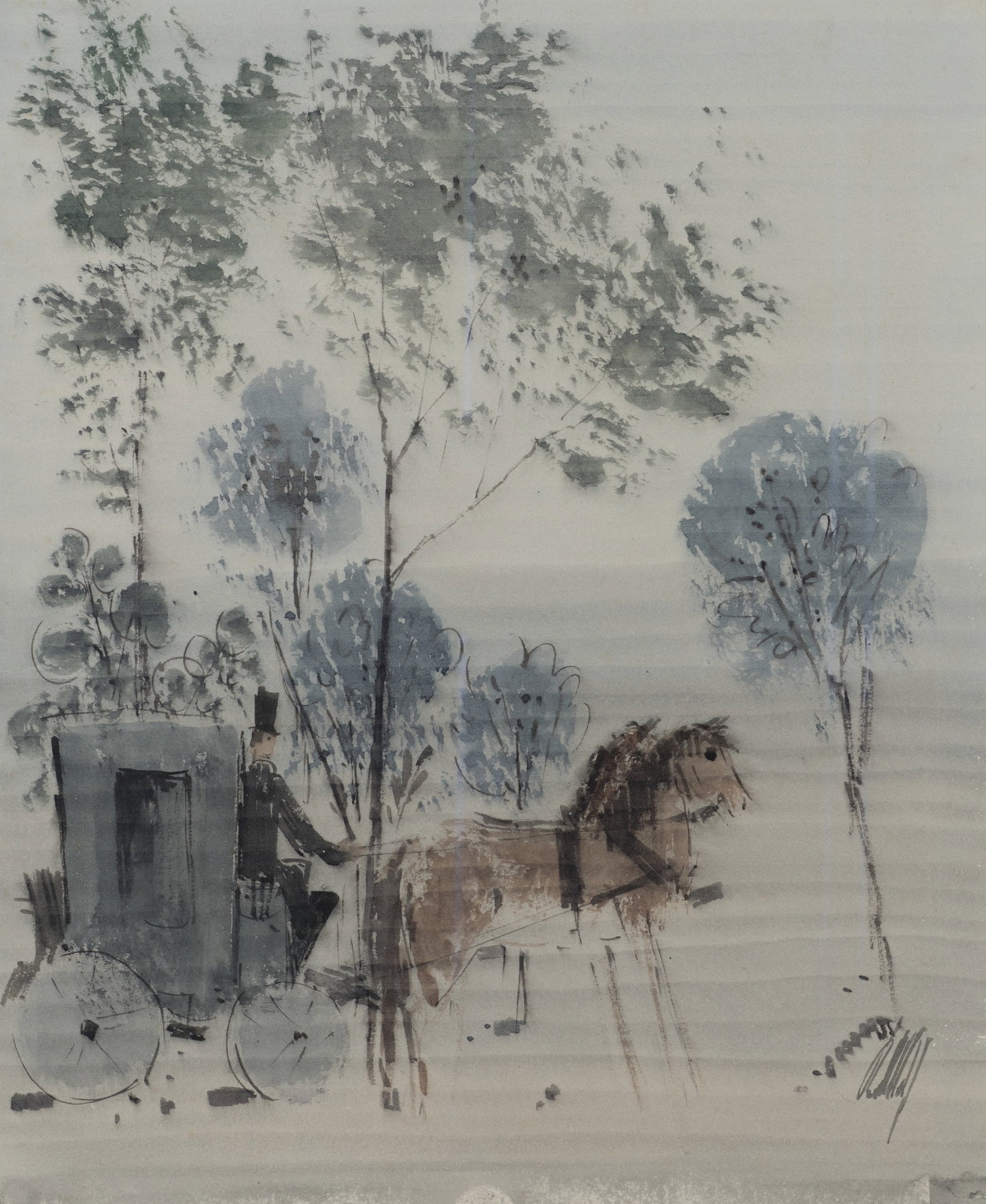 K. WOLF (1901-1993), Carriage scene, 1976, Watercolor (1 of 6)