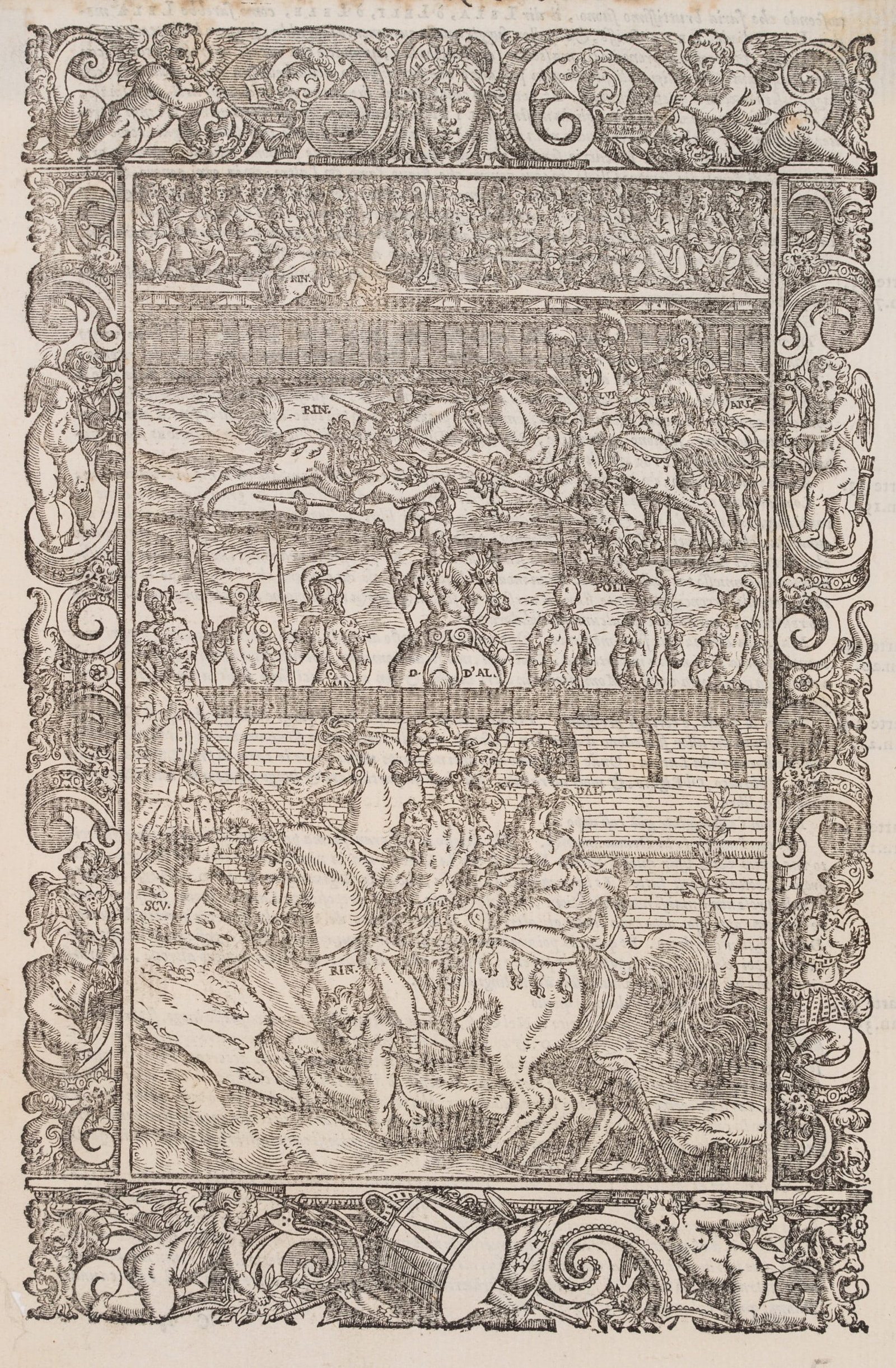 B. DOSSI (1479-1548), Knights at a tournament, Rasende Roland, around 1556, Woodcut: Battista Dossi (after 1479 - 1548 ): Knights at the Tournament, Orlando Furioso, Der Rasende Roland, c. 1556, Woodcut Technique: Woodcut on Paper Date: c. 1556 Description: Beautiful depiction of a me