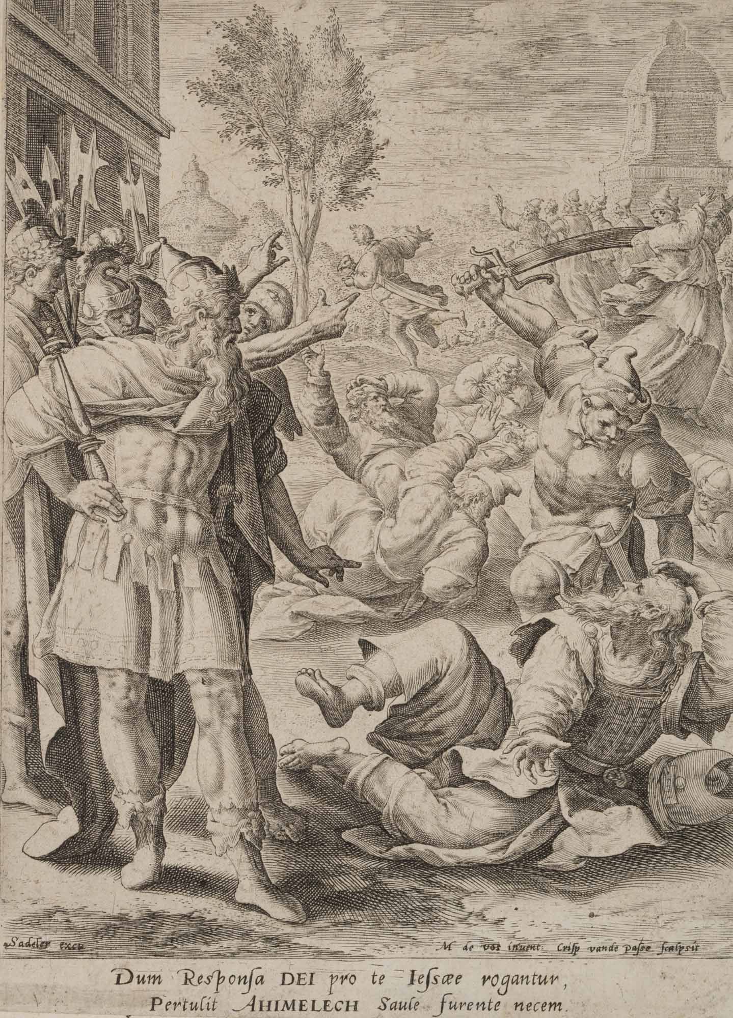 C. PASSE (*1564) after VOS (*1532), The murder of the priest Ahimelech, 1591, Copper engraving: Crispyn de Passe (1564 Arnemuiden - before 1637 Utrecht) after Marten de Vos (1532 Antwerp - 1603 ibid.): The murder of the priest Ahimelech, 1591, Copper engraving Technique: Copper engraving on Pape