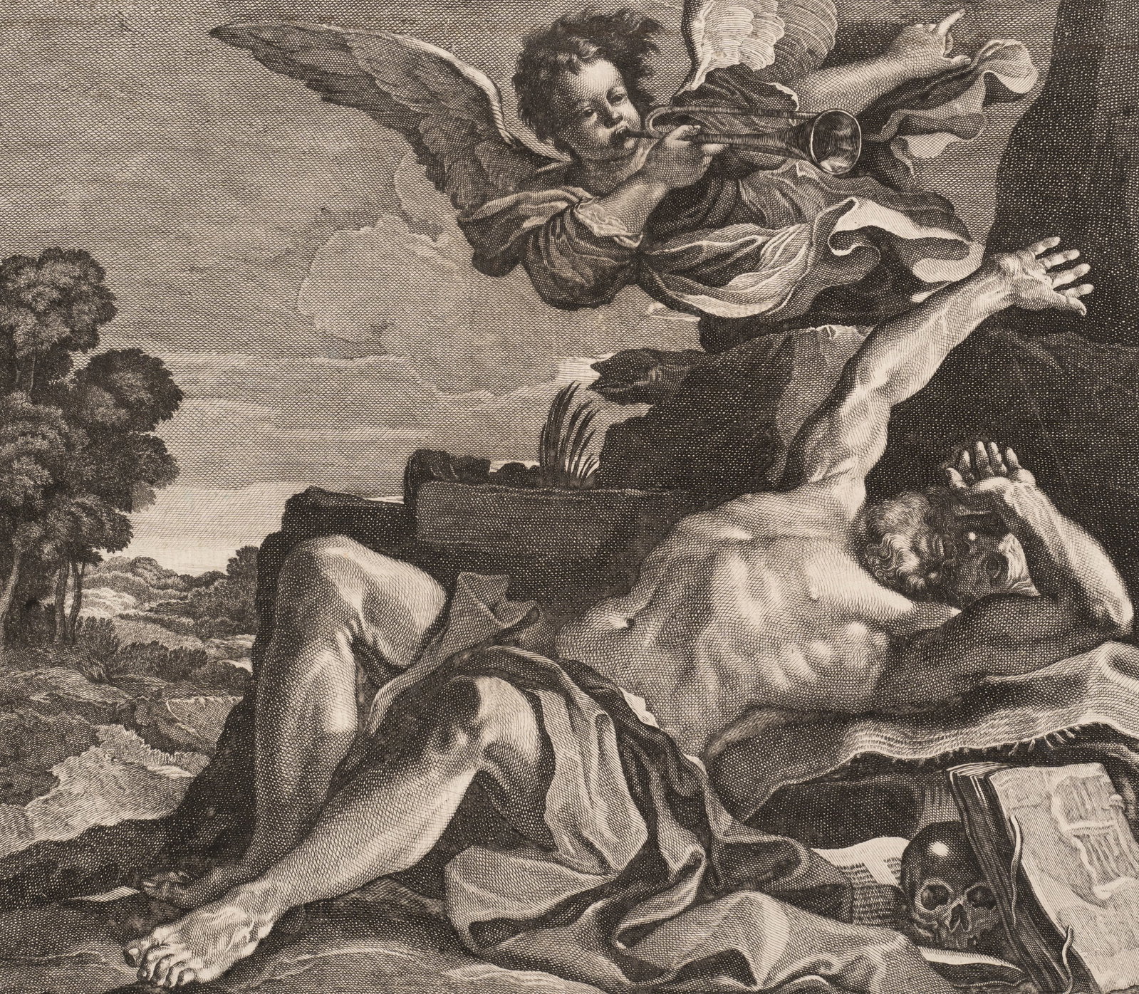 F. CHAUVEAU (*1613) after GUERCINO (*1591), The Vision of Saint Hyroniemus, around 1650, Copper engr (1 of 5)