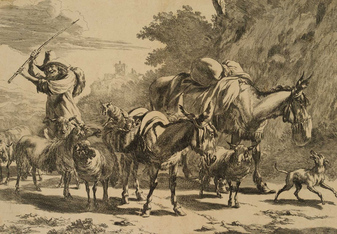 N. BERCHEM (1620-1683) attributed, A shepherd driving his flock, Etching (1 of 4)