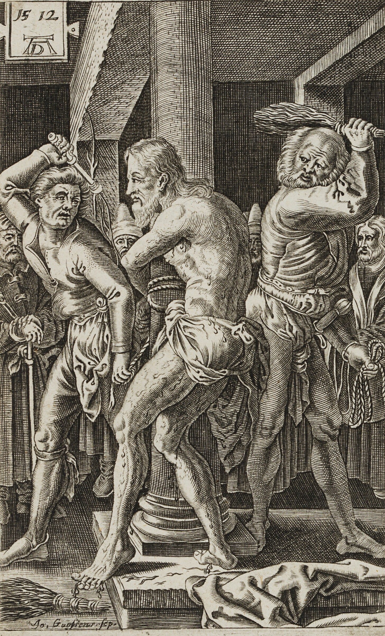J. GOOSSENS (17th) after DÜRER (*1471), The Passion of Christ. The Flagellation, Copper (1 of 4)