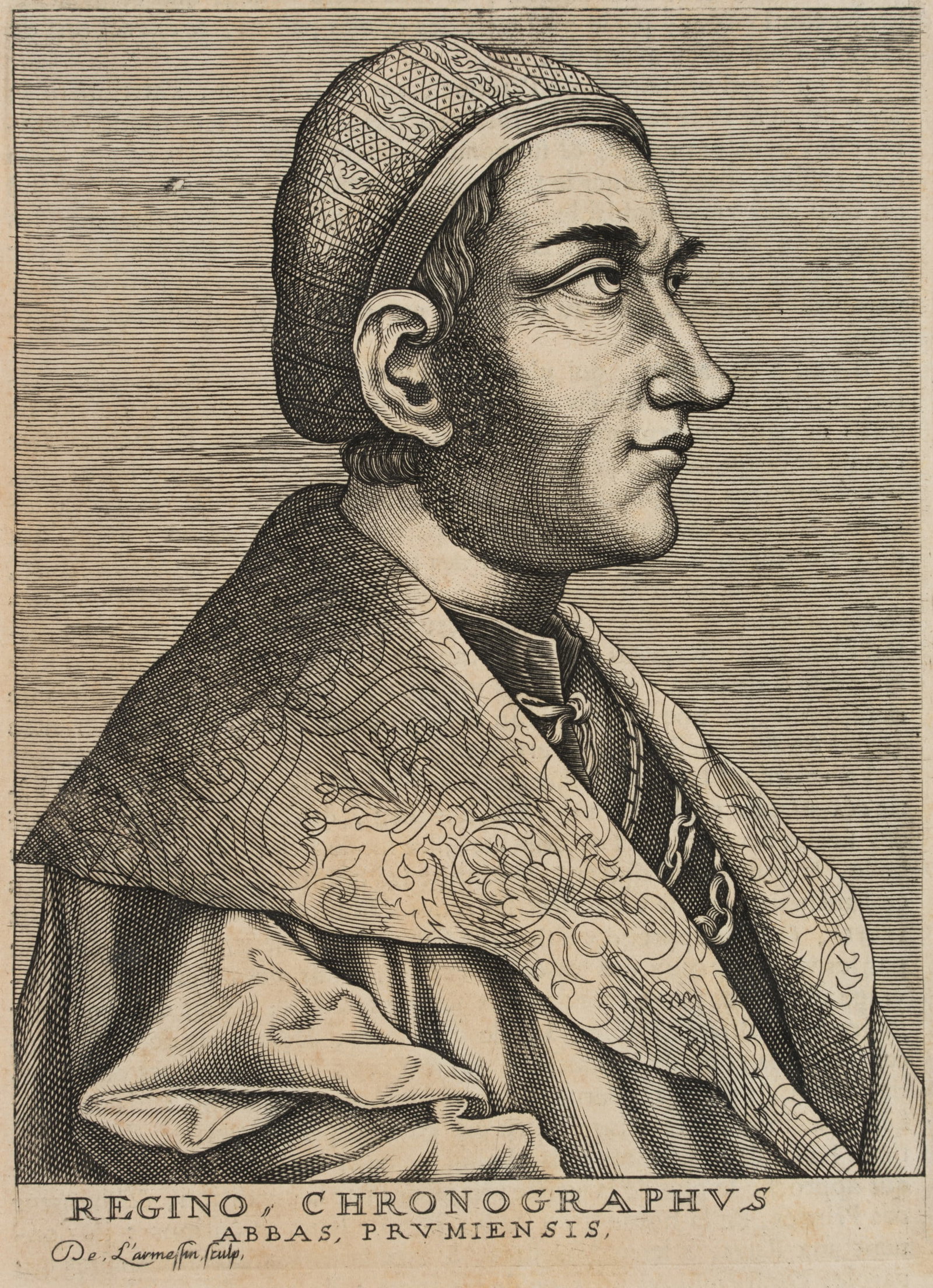 N. LARMESSIN (17th), Abbot R. of Prüm (c. 840–915), 1682, Copper engraving (1 of 5)