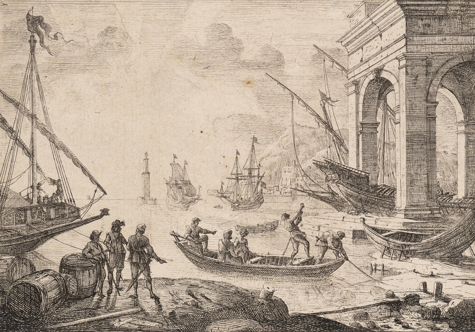 C. LORRAIN (1600-1682), Harbour scene with sailing ships, Etching (1 of 6)