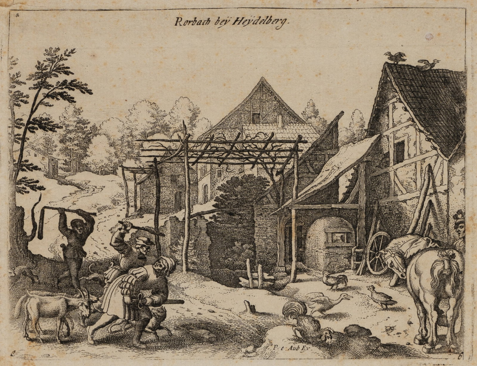 M. MERIAN (1593-1650), Siege of Rohrbach, Etching: Matthäus Merian sen. (1593 Basel - 1650 Schwalbach): Thirty Years' War Rohrbach near Heidelberg Peasants defend themselves against the attacking lansquenets, 17th century, Etching Technique: Etch