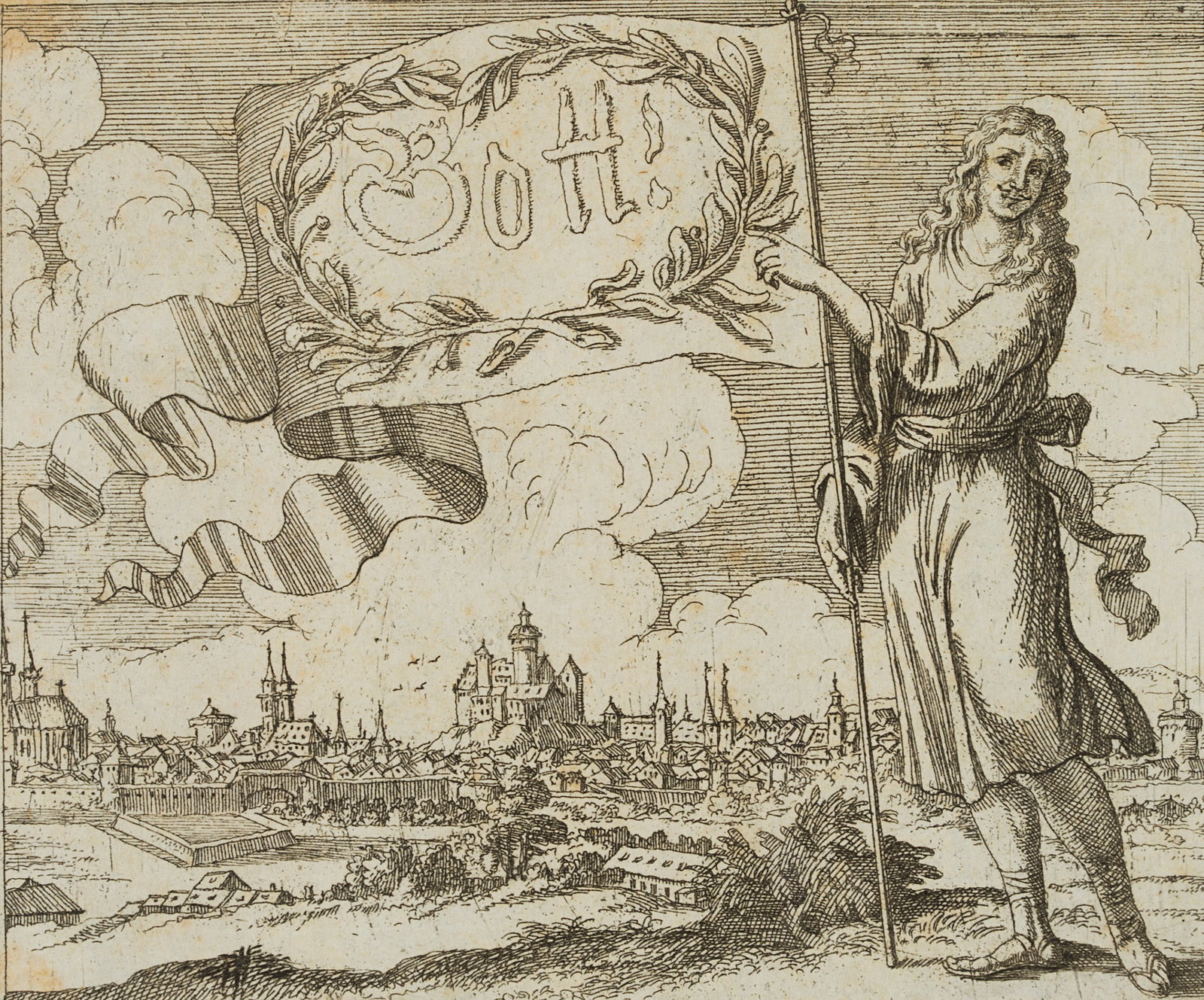 J. MEYER (1655-1712), Goodness me! A flag-bearer against a cityscape, Etching: Johannes Meyer jun. (1655 Zurich - 1712 ibid.): Young man with a large flag bearing the name "Gott!", in front of a city veduta, 17th century, Etching Technique: Etching on Paper, mounted on Paper (bl