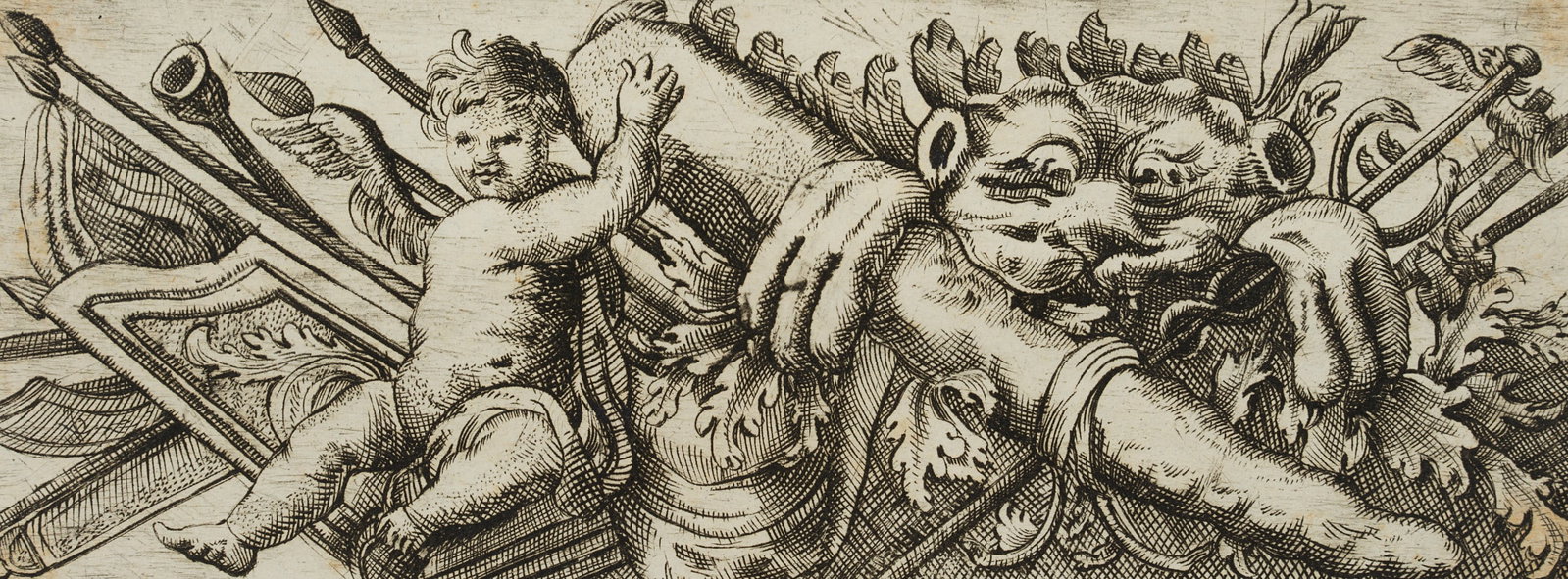 J. MEYER (1655-1712), Design for a frieze, the weapons of Heracles, Etching: Johannes Meyer jun. (1655 Zurich - 1712 ibid.): Design of an architectural frieze, weapons of Heracles and Mercury, depiction of war trophies, 17th century, Etching Technique: Etching on Paper, mounte