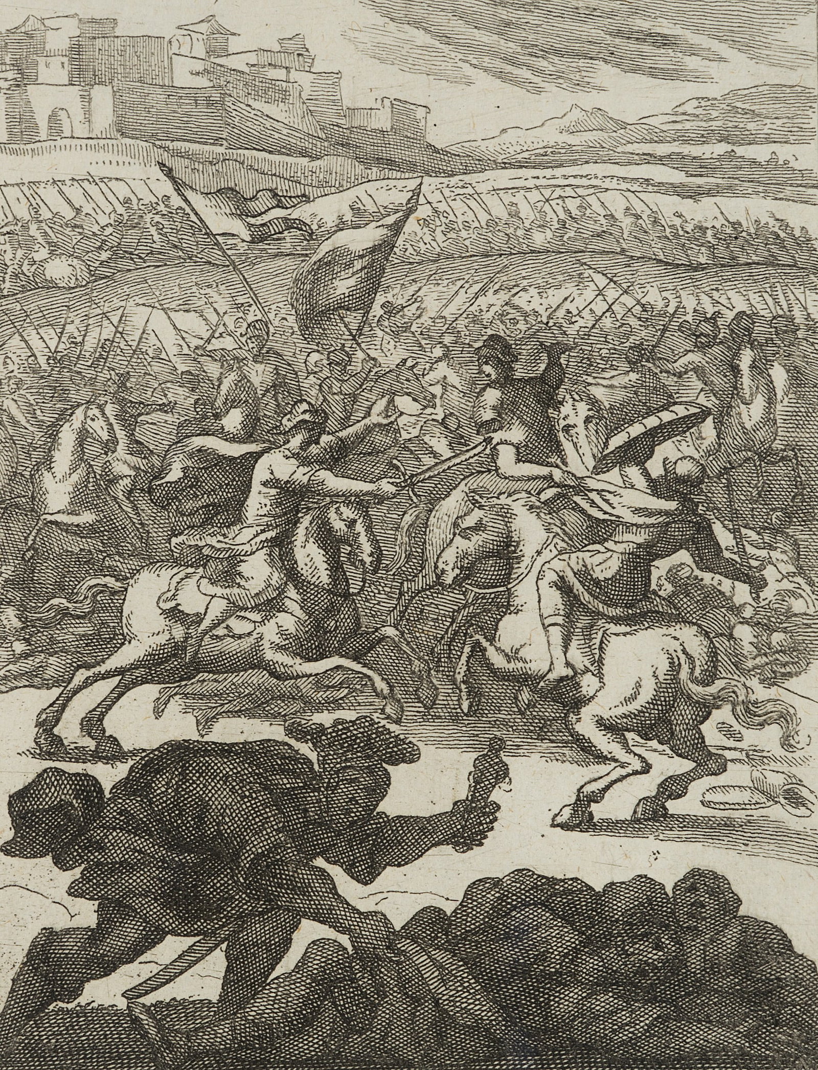 J. MEYER (1655-1712), A cavalry battle on the outskirts of a town, Etching: Johannes Meyer jun. (1655 Zurich - 1712 ibid.): Battle depiction with cavalry warriors in front of the gates of a city, 17th century, Etching Technique: Etching on Paper, mounted on Paper Inscription: