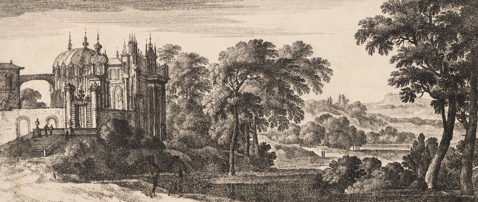 G. PERELLE (1604-1677) attributed, River landscape with a cathedral, Copper engraving (1 of 5)