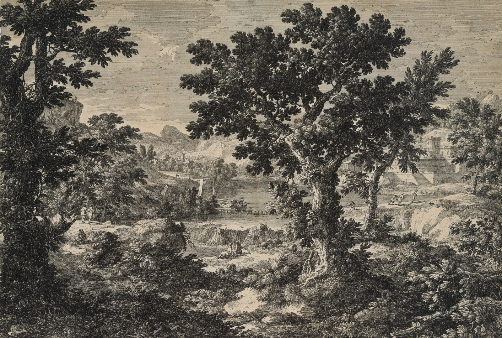 G. PERELLE (1604-1677), Landscape with a river and figures, around 1650, Copper engraving (1 of 4)