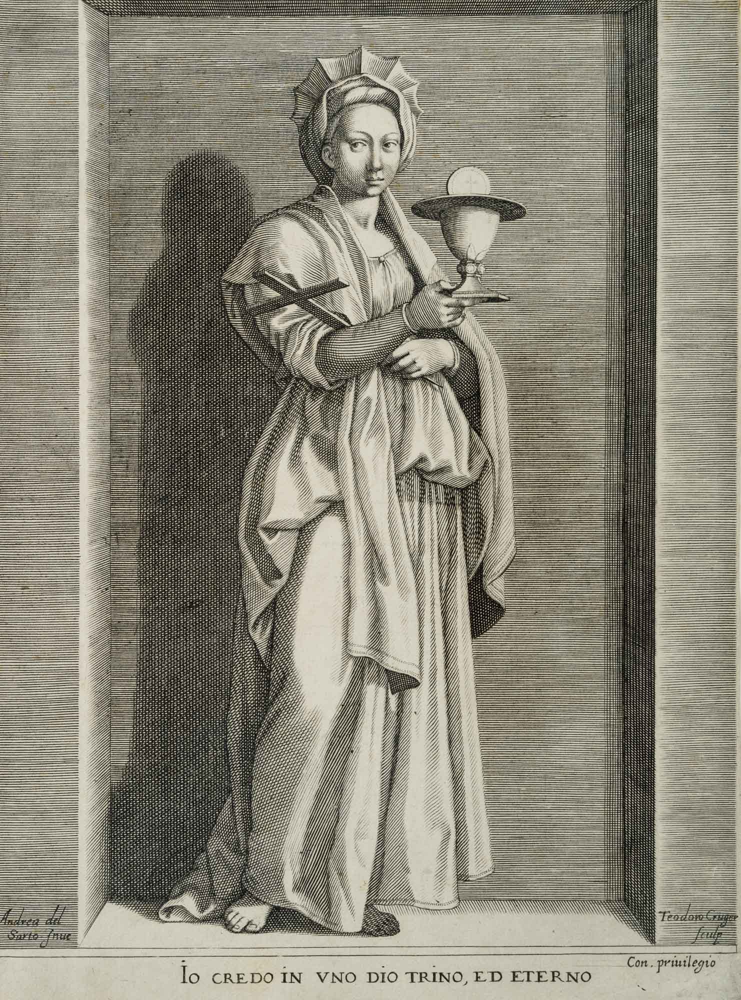 D. KRÜGER (*1575) after SARTO (*1483), Faith, an allegory of virtue, 1617, Copper engraving: Dietrich Krüger (around 1575 Hamburg - 1624 Rom) after Andrea del Sarto (1483 Florence - 1530 ibid.): Allegory of faith, one of the four allegorical cardinal virtues, 1617, Copper engraving Techn