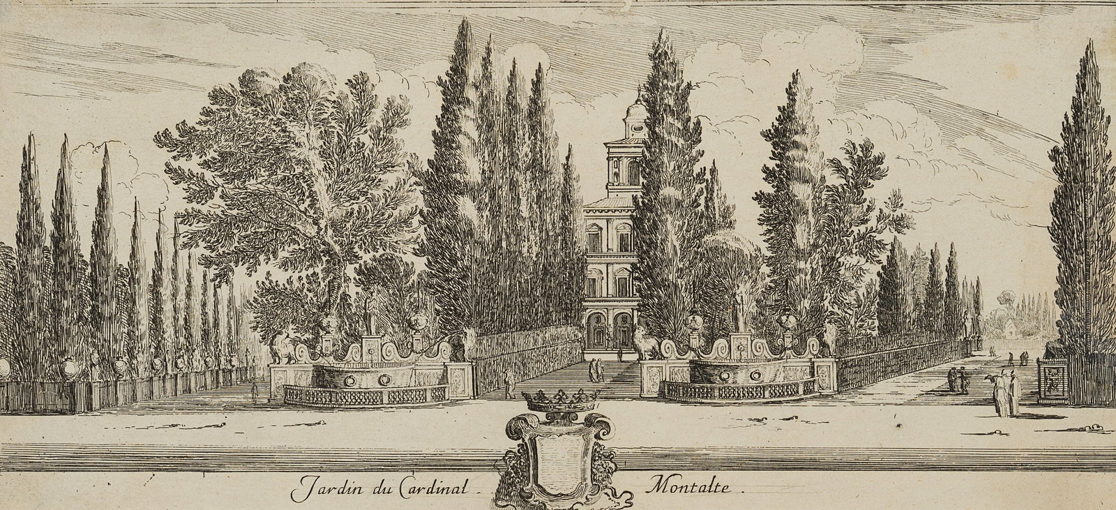 F. COLLIGNON (*1610) after SILVESTRE (*1621), Cardinal Montalto’s Garden, Etching: François Collignon (around 1610 Nancy - 1687 Rom) after Israël Silvestre (1621 Nancy - 1691 Paris): Garden of Cardinal Montalto, cypresses in front of country villa, 17th century, Etching Te