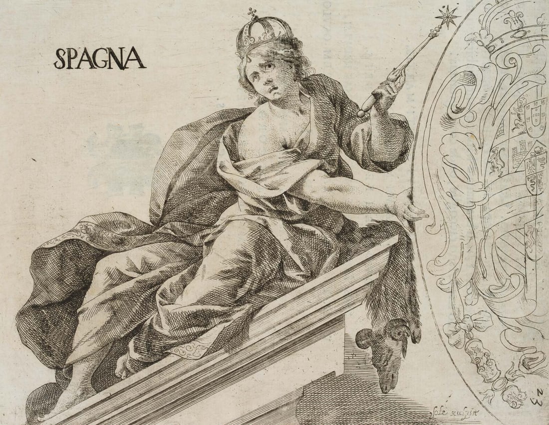 G. SOLE (1649-1719), Spain, an allegory of Spain, around 1645, Etching: Giovanni Battista del Sole (around 1649 - 1719 ): Allegorical representation of Spain, Spagna, c. 1645, Etching Technique: Etching on Laid paper Inscription: Lower right signed in the printing plate: 