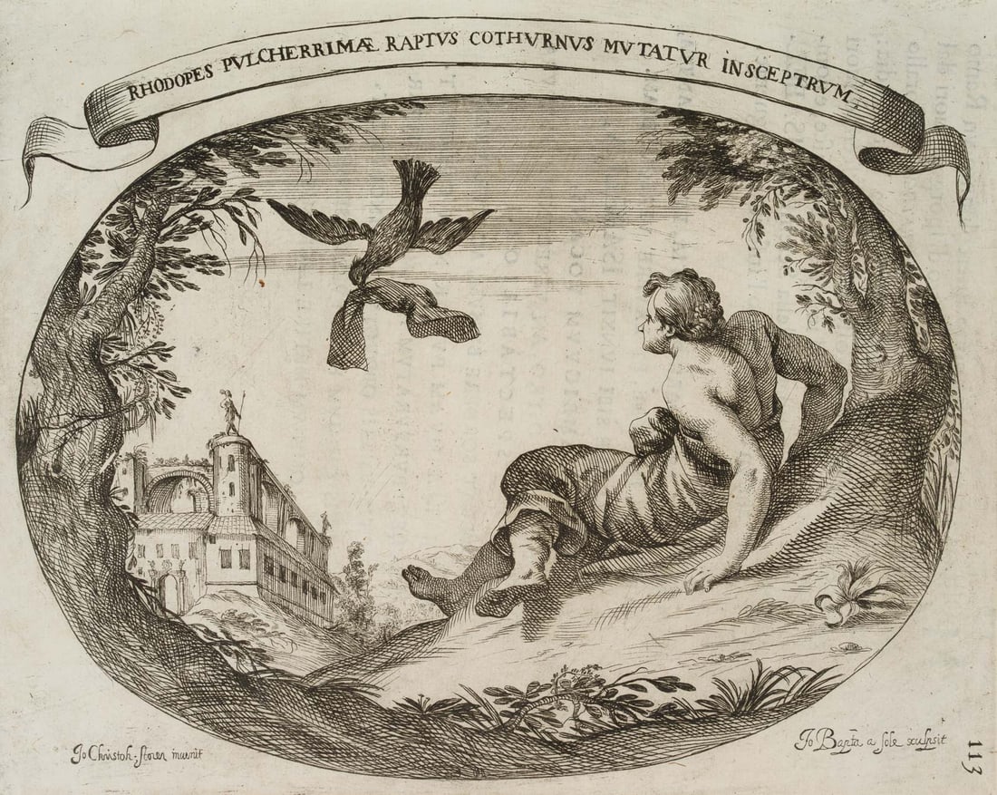 G. SOLE (*1649) after STORER (*1611), Rhodope, an allegory of Spain, around 1645, Etching: Giovanni Battista del Sole (around 1649 - 1719 ) after Johann Christophorus Storer (around 1611 Constance - 1671 ibid.): Rhodope, allegorical representation of Spain, c. 1645, Etching Technique: Etchi