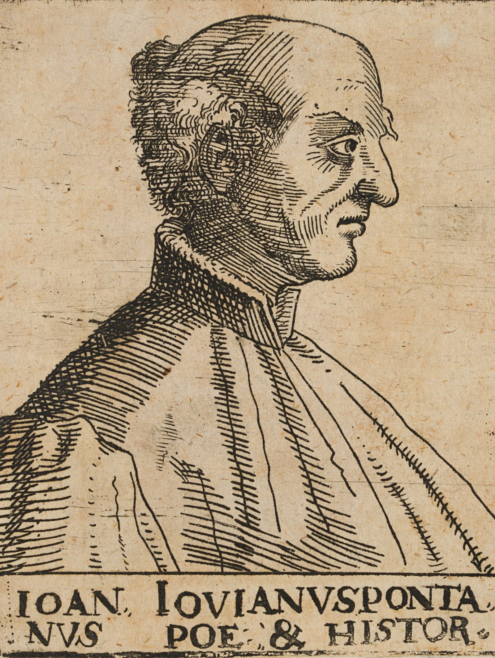 Unknown (17th), Portrait of Gioviano Pontano, Etching: Unknown (17th century): Porträt des Giovanni Gioviano Pontano/Pontanus, 17th century, Etching Technique: Etching on Paper Stamp: Verso Collector's stamp, Lugt no.: 5395. H.Korth. Warsaw. 19th cen
