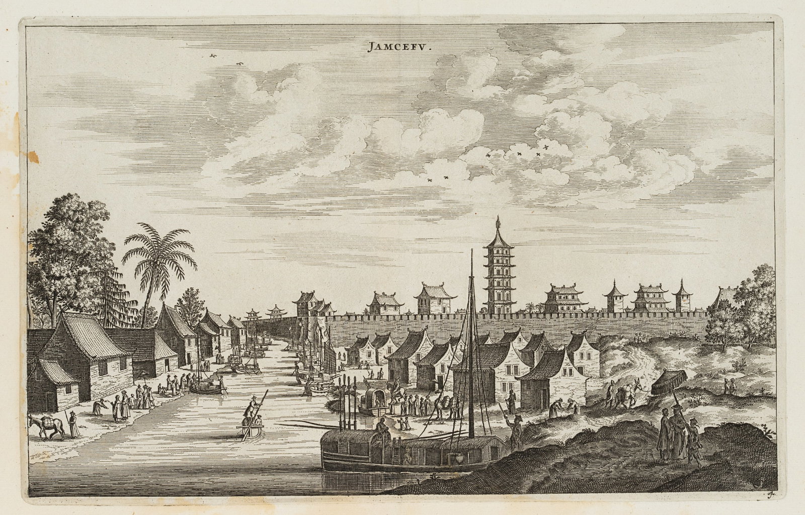 Unknown (17th), Cityscape of Jamcefv, China, Copper engraving: Unknown (17th century): City view of Jamcefv with houses along the city wall as well as a pagoda behind the wall and a river to the left of the wall, China, 17th century, Copper engraving Technique: C
