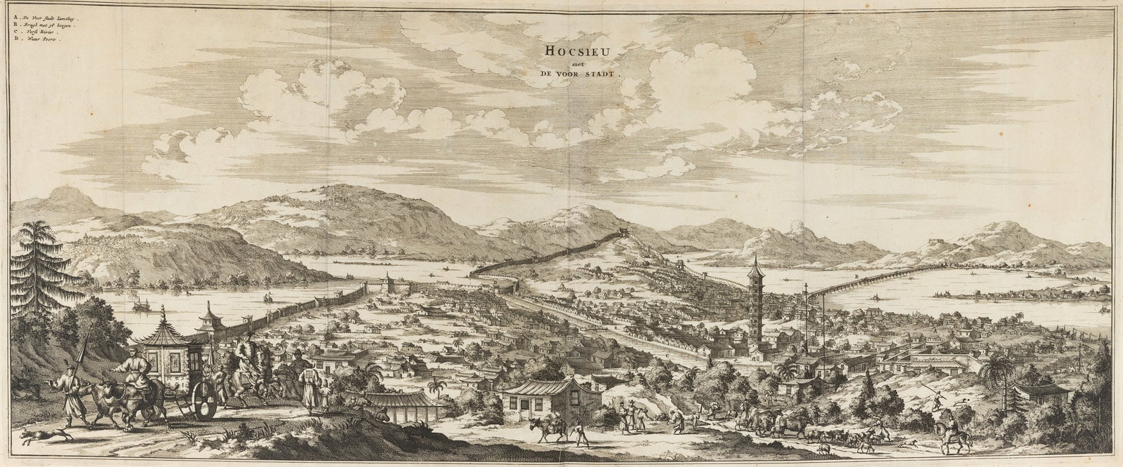Unknown (17th), Panorama of Hocsieu (Fuzhou), China, around 1671, Copper engraving: Unknown (17th century): Large panoramic view of the Chinese city of Fuzhou (then Hocsieu), Fujian Province, c. 1671, Copper engraving Technique: Copper engraving on Paper Watermark: Fauna: Horse with 