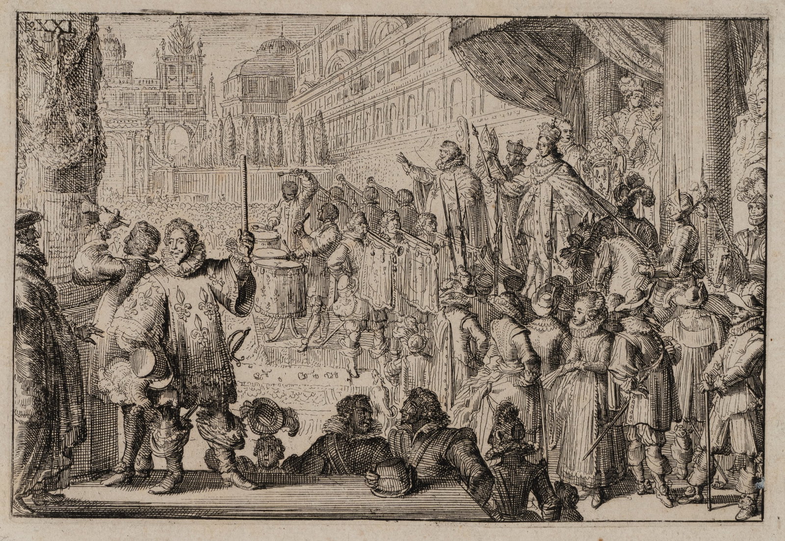 Unknown (17th), Royal Assembly, Etching: Unknown (17th century): Solemn royal ceremony with court and audience in the castle courtyard, 17th century, Etching Technique: Etching on Paper Inscription: Verso inscribed by another person: "Bö