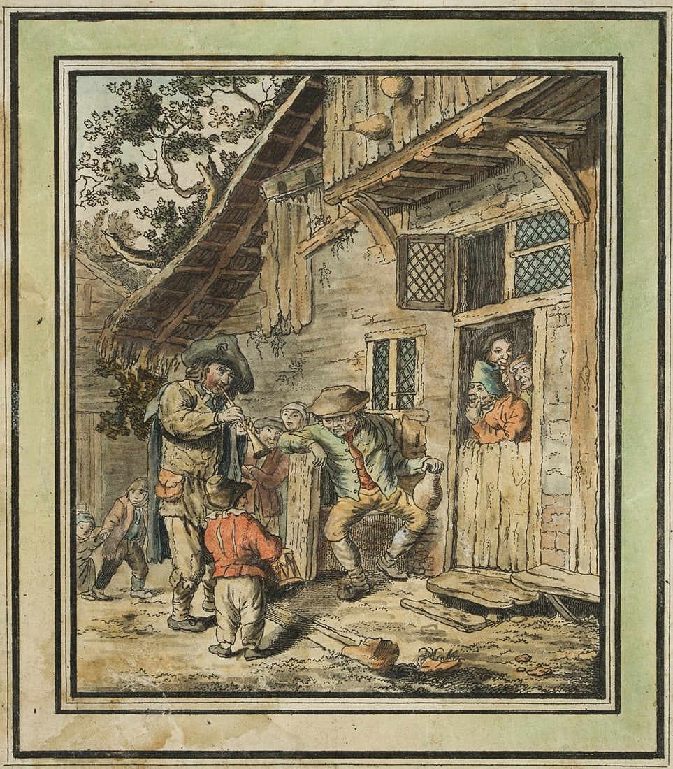 C. AMSTEL (1726-1798) attributed, Travelling musicians at a farmhouse, Etching (1 of 5)
