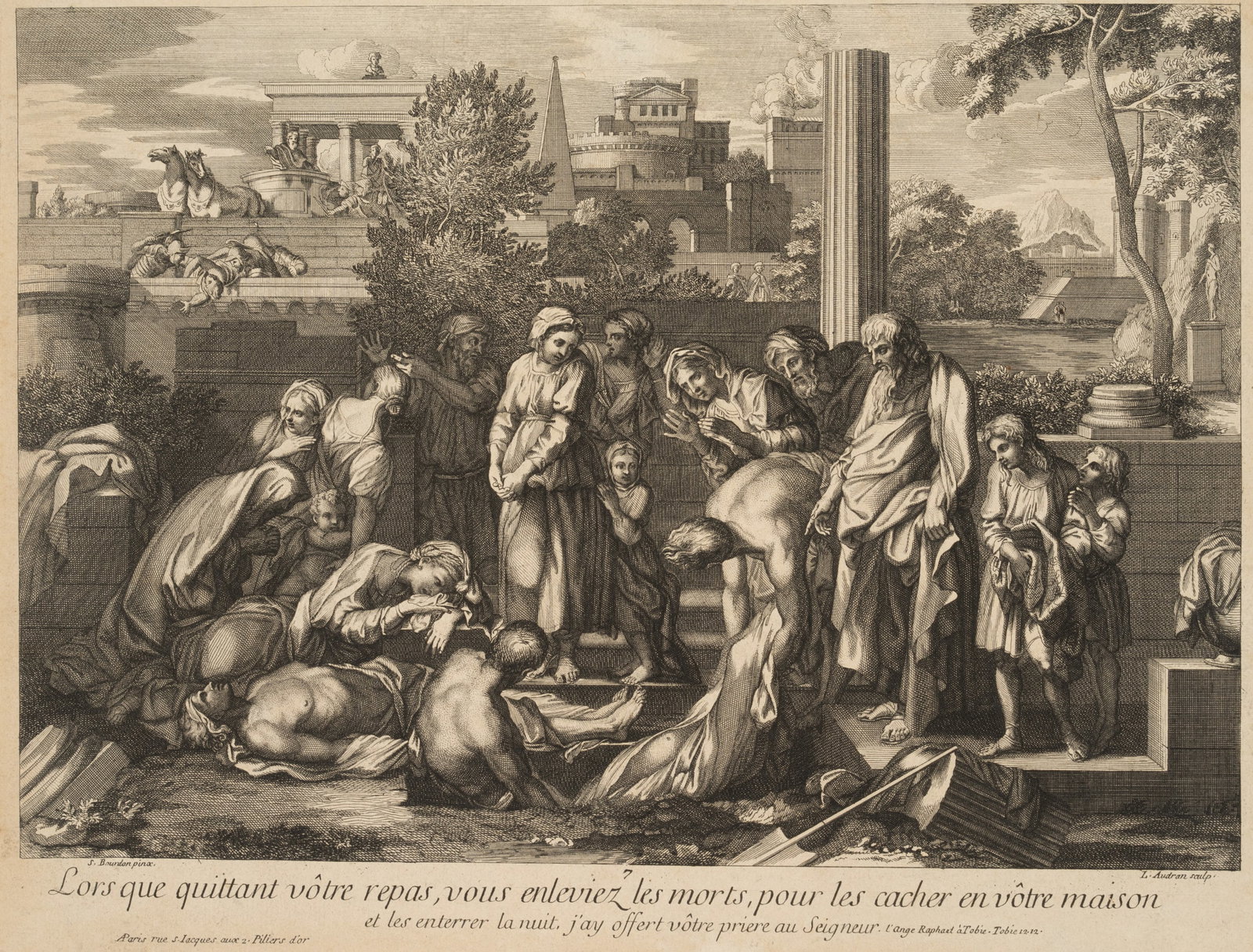 S. BOURDON (*1616) after AUDRAN (*1670), Tobias buries the dead, Copper engraving: Sebastian Bourdon (1616 - 1671 ) after Louis Audran (1670 - 1712 ): Biblical illustration Tobias buries the dead, 18th century, Copper engraving Technique: Copper engraving on Paper Inscription: Lower