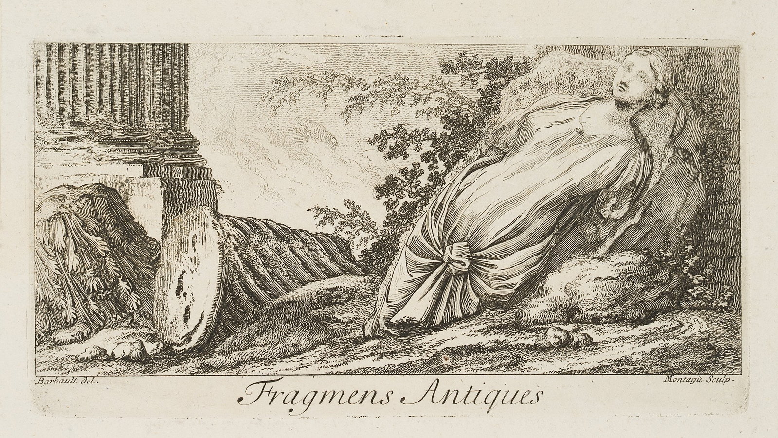D. MONTAIGÙ () after BARBAULT (18th), Fragmens Antiques, 1761, Etching: Domenico Montaigù () after Barbault (18th century): Fragmens Antiques, 1761, Etching Technique: Etching on Paper Inscription: Lower middle signed: " "Barbault del.", "Montagù Sculp./Fragmens Antique