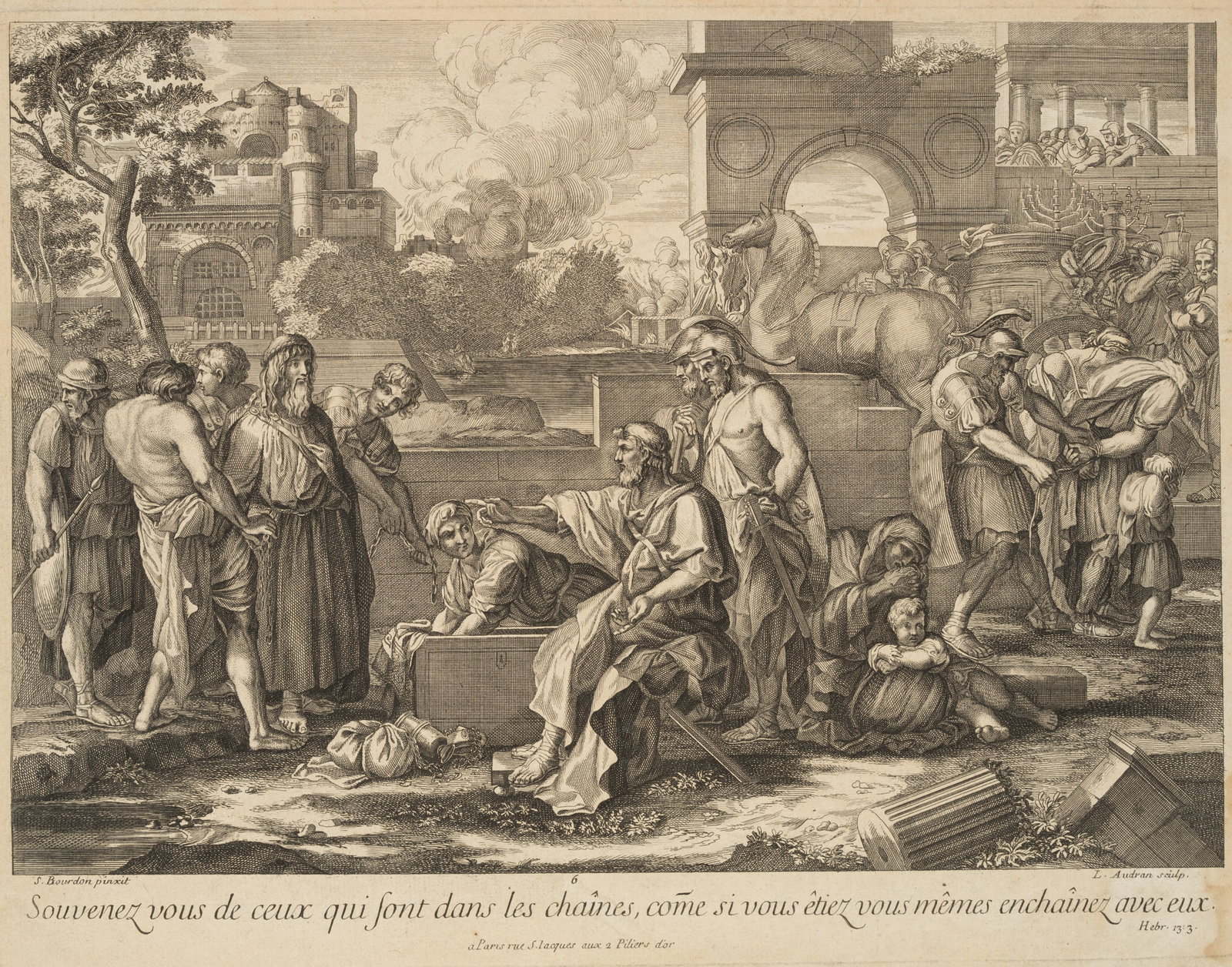 L. AUDRAN (*1670) after BOURDON (*1616), Nebuzar-Adan in Jeremiah, around 1700, Copper engraving: Louis Audran (1670 - 1712 ) after Sebastian Bourdon (1616 - 1671 ): Biblical illustration Captain Nebuzar-Adan has Jeremiah's chains removed, c. 1700, Copper engraving Technique: Copper engraving on P
