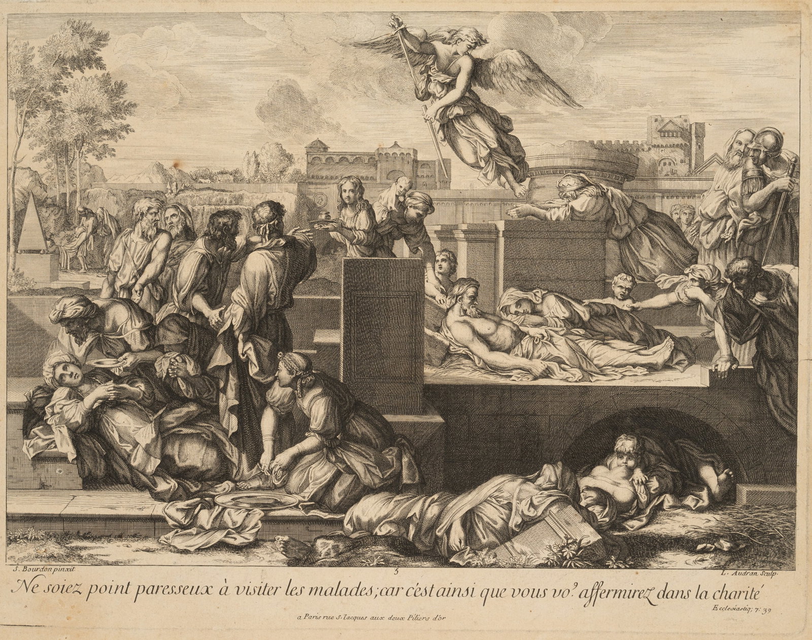 L. AUDRAN (*1670) after BOURDON (*1616), David asks God for healing, Copper engraving: Louis Audran (1670 - 1712 ) after Sebastian Bourdon (1616 - 1671 ): David asks God to heal the pestilence, 18th century, Copper engraving Technique: Copper engraving on Paper Inscription: Lower middle