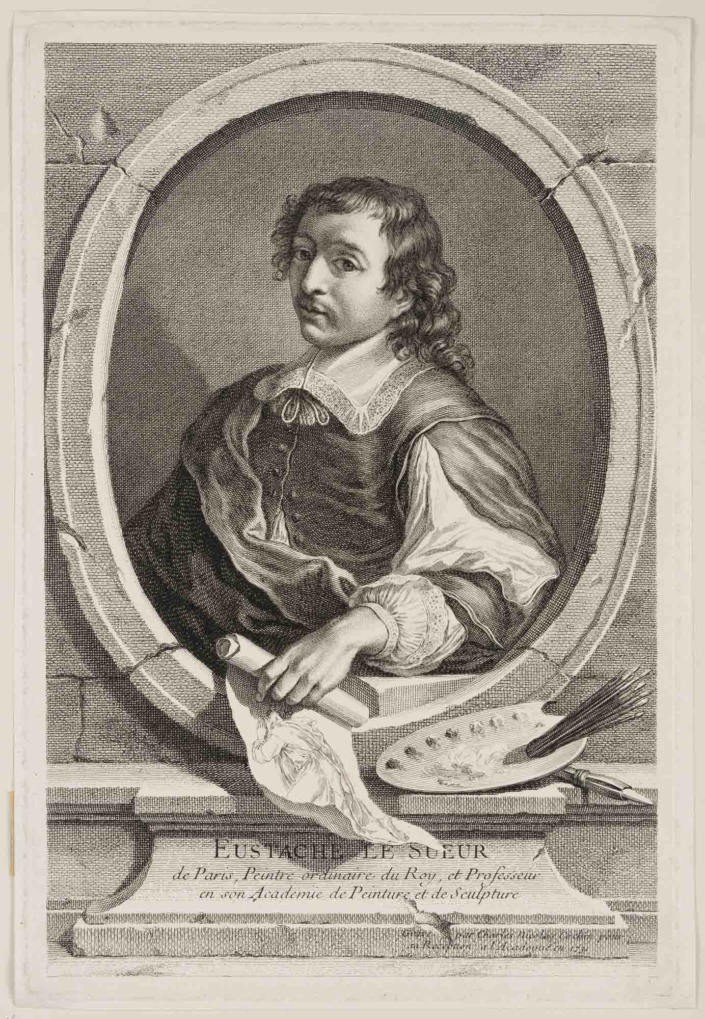 After COCHIN (*1688), Portrait of Eustache Le Sueur, 1731, Copper engraving: After Charles-Nicolas Cochin sen. (1688 Paris - 1754 ibid.): Portrait of Eustache Le Sueur, 1731, Copper engraving Technique: Copper engraving and Etching on Paper Stamp: Collector's stamp, Lugt no.: 