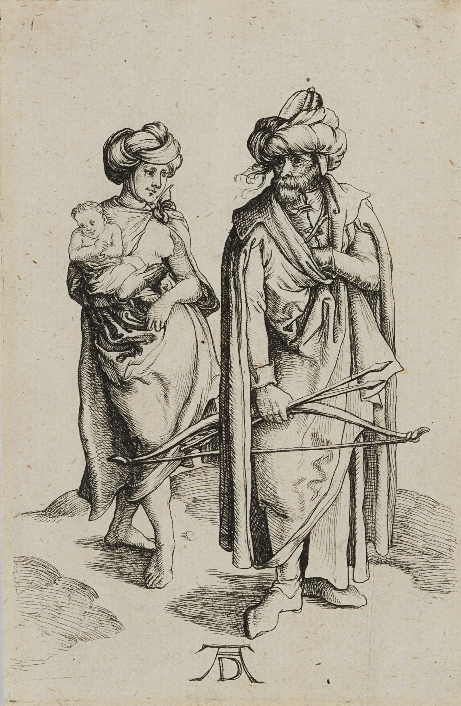 After DÜRER (*1471), The Oriental and his wife, around 1750, Copper engraving: After Albrecht Dürer jun. (1471 Nuremberg - 1528 ibid.): Full-length depiction of an oriental family with father with bow and arrow and mother with child, c. 1750, Copper engraving Technique: Cop