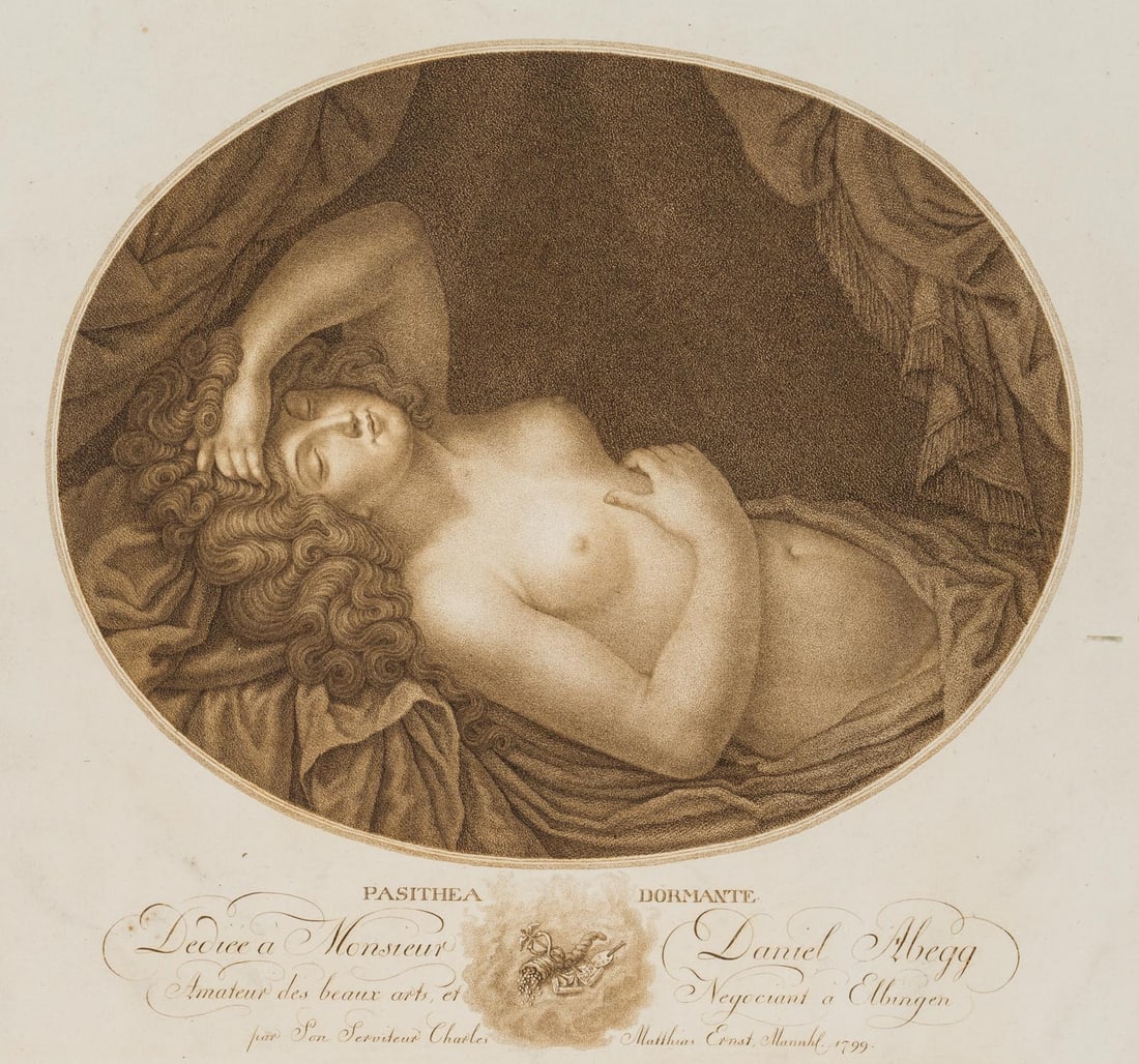 K. ERNST (1758-1830), The Sleeping Pasithea, 1799, Etching: Karl Mathias Ernst (1758 Mannheim - 1830 ibid.): The Sleeping Pasithea, Female Nude, 1799, Etching Technique: Etching on Paper Stamp: Collector's stamp, Lugt no.: 4401. Unknown/not identified. Mark: "