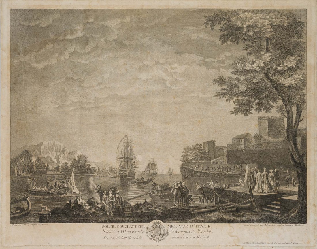 F. ANDOUARD (*1734) after FLOTTE DE SAINT-JOSEPH (18th), Sunset by the sea, Italy, 1762, Etching: F. Andouard (born 1734 Paris) after Flotte de Saint-Joseph (18th century): "Sunset on the sea from Italy, Sonnenuntergang am Meer in Italien, 1762, Etching Technique: Etching on Paper Inscription: Unt