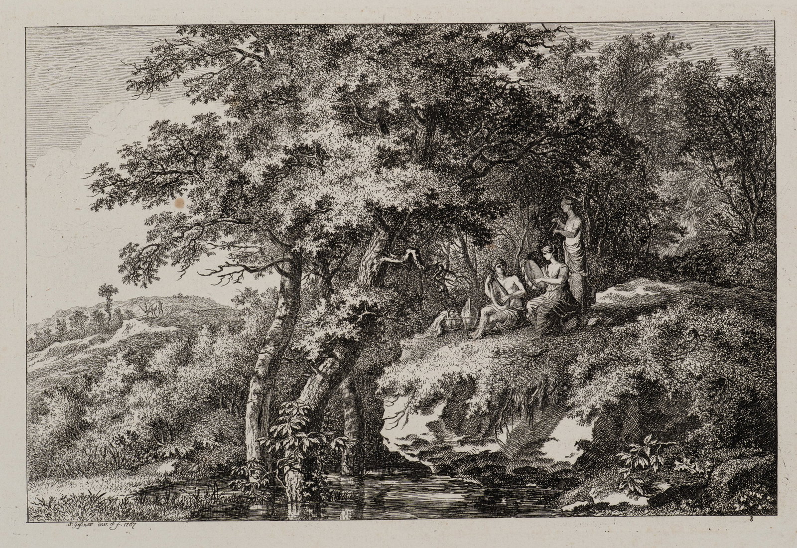S. GESSNER (1730-1788), Pastoral Harmony with Musicians, 1767, Etching: Salomon Gessner (1730 Zurich - 1788 ibid.): Three musicians on a hill in a pastoral forest and river landscape, 1767, Etching Technique: Etching on Paper Inscription: lower left signed in the printing
