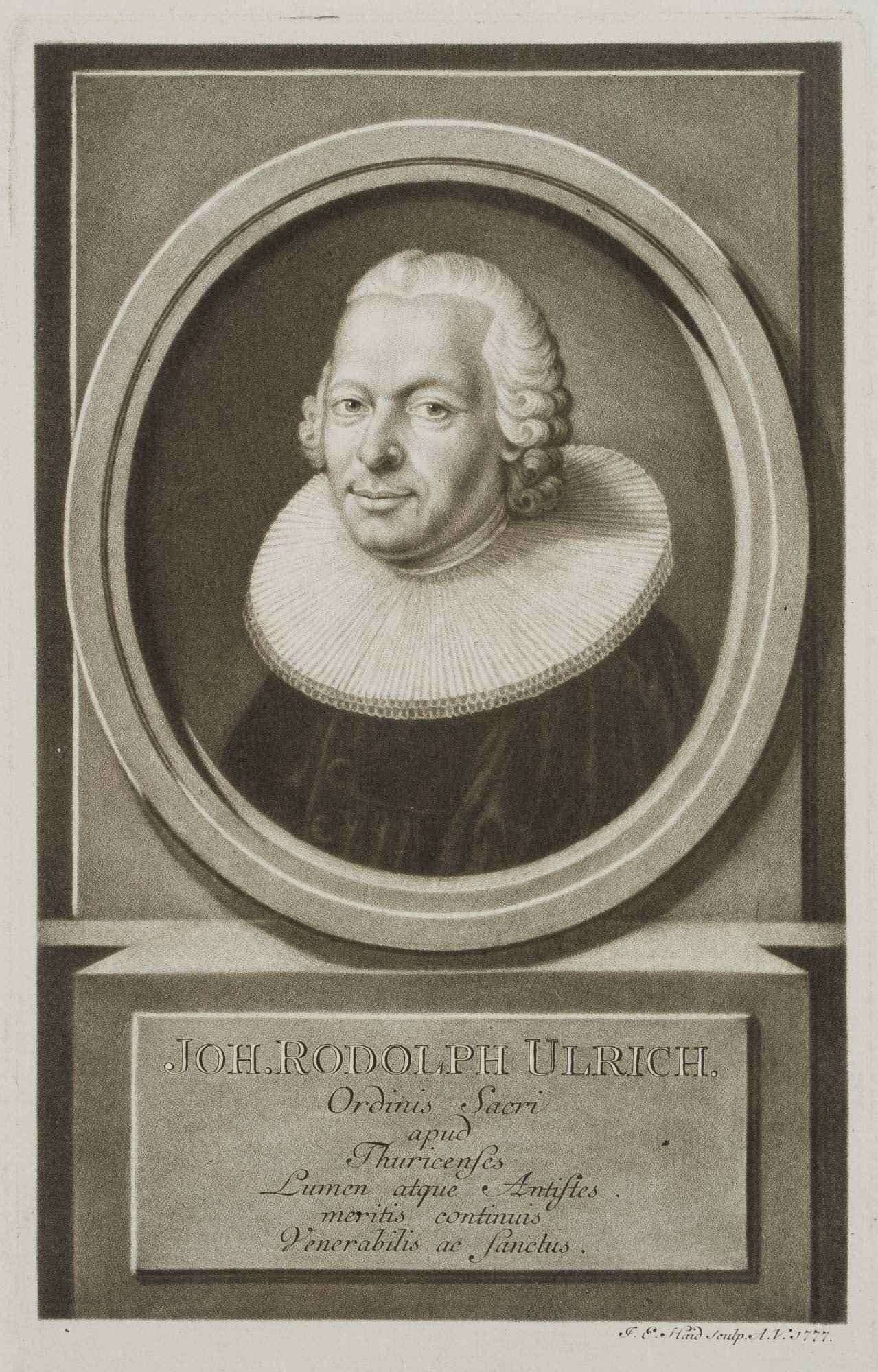 J. HAID (1737-1809), Johann Rudolf Ulrich, 1777, Mezzotint: Johann Elias Haid (around 1737 Augsburg - 1809 ibid.): Portrait of the Swiss theologian Johann Rudolf Ulrich, 1777, Mezzotint Technique: Mezzotint on Paper Inscription: Lower right signed in the print
