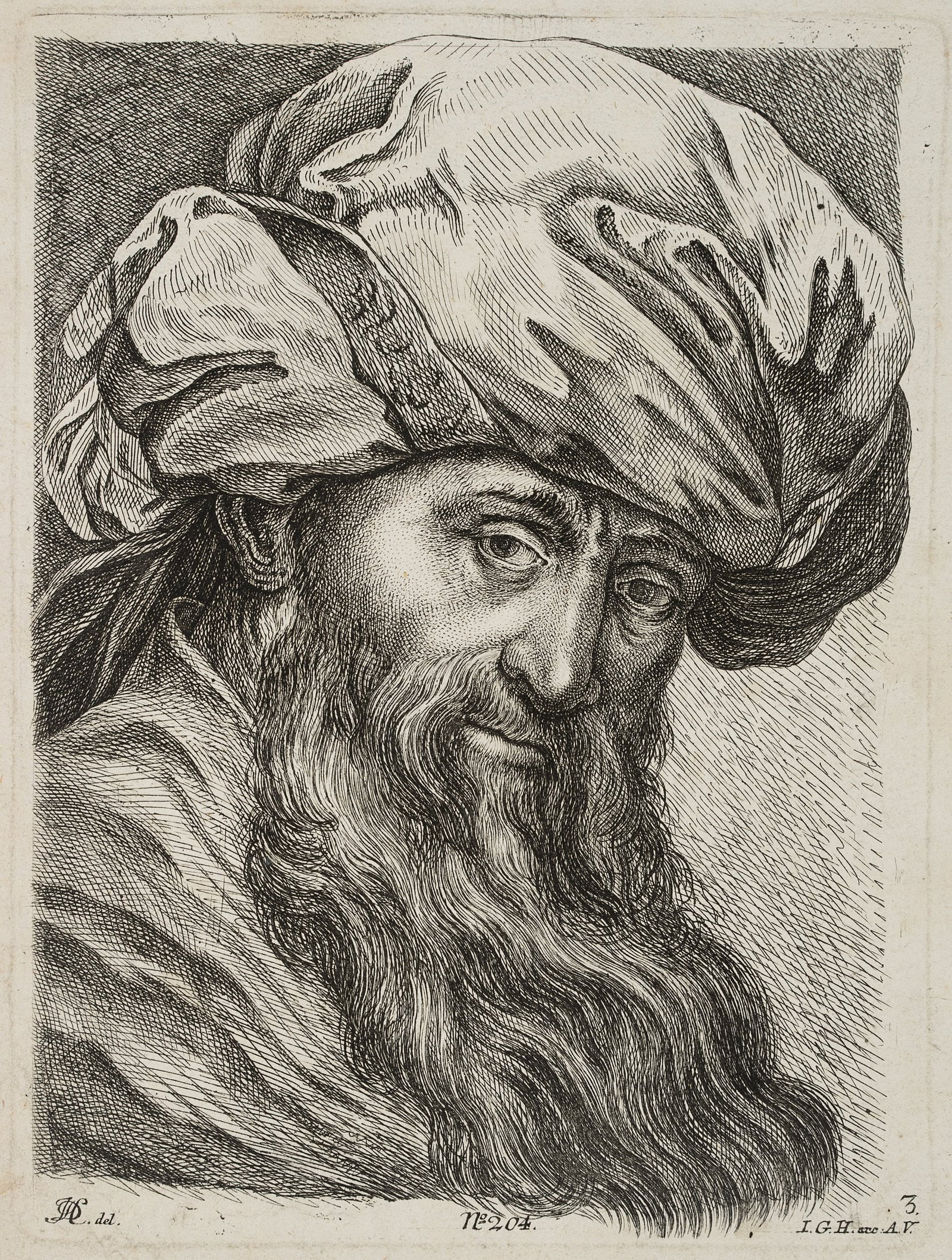 J. HERTZ (1693-1754), Head of a bearded man from the Orient, Etching: Johann Daniel Hertz sen. (1693 Augsburg - 1754 ibid.): Head of a bearded oriental with turban, 18th century, Etching Technique: Etching on Paper Inscription: lower left signed in the printing plate: "