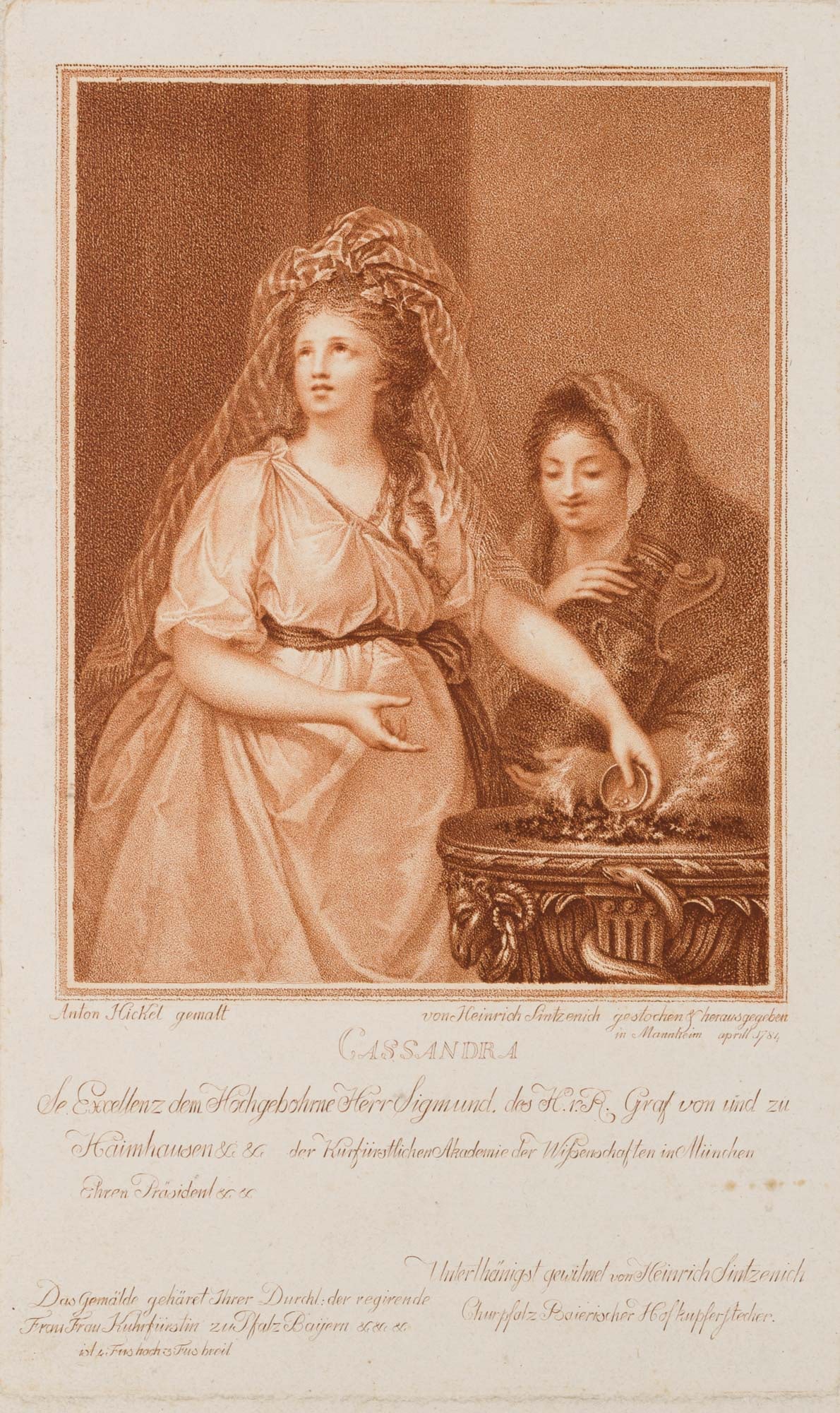 H. SINTZENICH (*1752) after HICKEL (*1745), Cassandra, Aquatint: Heinrich Sintzenich (1752 Mannheim - 1812 Munich) after Anton Hickel (1745 Bohemian Leipa - 1798 Hamburg): Cassandra, 18th century, Aquatint Technique: Aquatint on Paper Inscription: Inscribed, dated 
