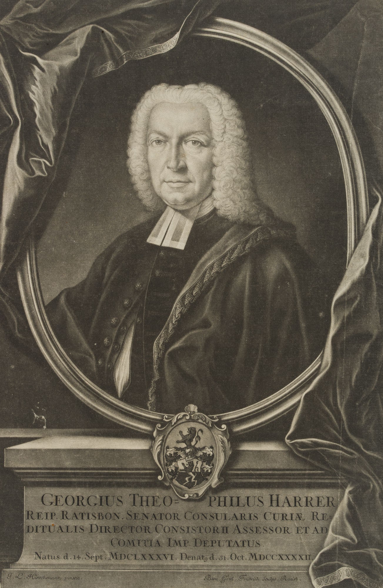 B. FRIDRICH (*1712) after HIRSCHMANN (*1672), Portrait of Georg Theophil Harrer, Mezzotint: Bernhard Gottlieb Fridrich (1712 - 1756 ibid.) after Johann Leonhard Hirschmann (1672 Nuremberg - 1750 ibid.): Portrait of Georg Theophil Harrer (1686 - 1742), mayor, director of the tax office and Re