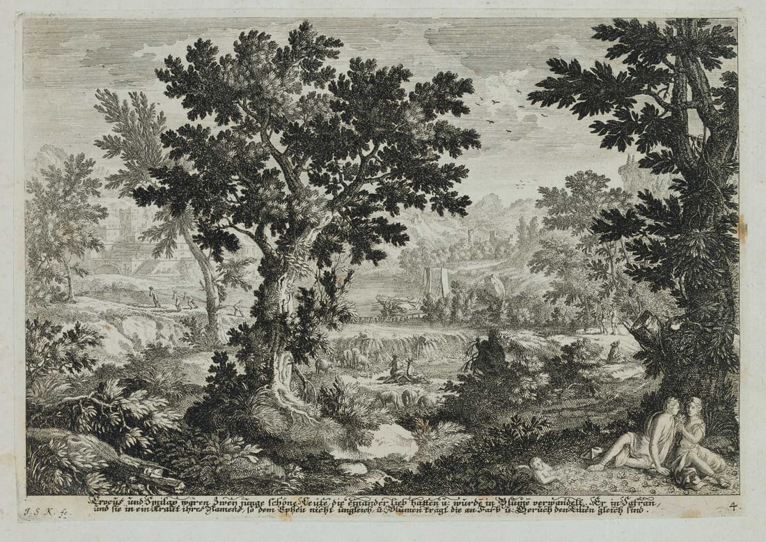 J. KÜSEL (1650-1717), Landscape with crocuses and smilax, Copper engraving: Johanna Sibylla Küsel (around 1650 Augsburg - 1717 ibid.): Heroic landscape depicted in great detail with the lovers Krokos and Smilax lying in a meadow in the foreground on the right, surrounded