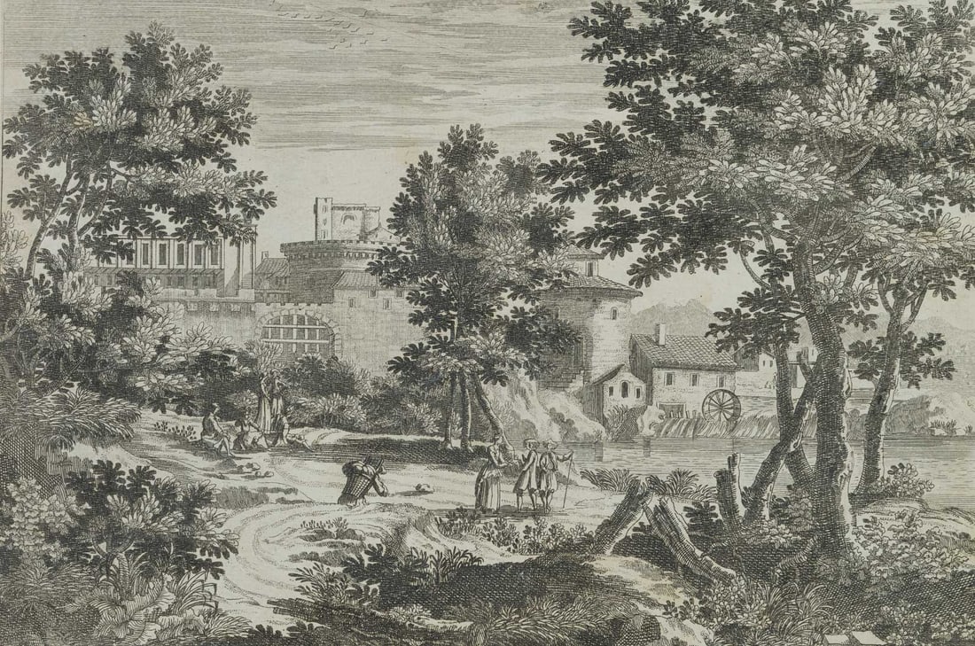 F. AVELINE (*1718) after KÜSEL (*1650), Mediterranean landscape with a town, Copper engraving: François-Antoine Aveline (1718 - around 1762 ) after Johanna Sibylla Küsel (around 1650 Augsburg - 1717 ibid.): Mediterranean landscape depicted in great detail with a city complex on the sh