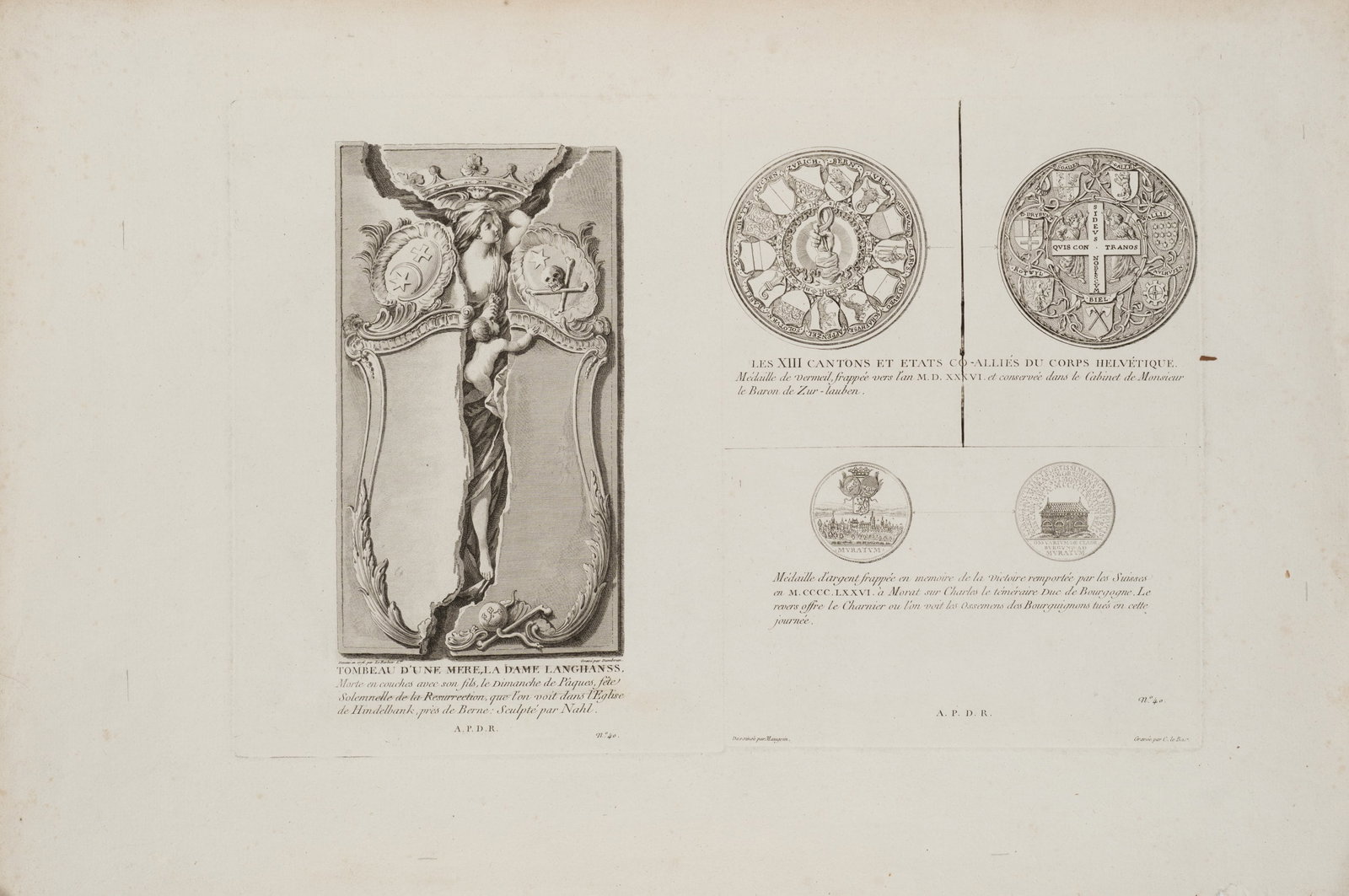 J. DAMBRUN (*1741) after LE BARBIER (*1738), Baroque tomb and historical medals, 1776, Etching (1 of 5)