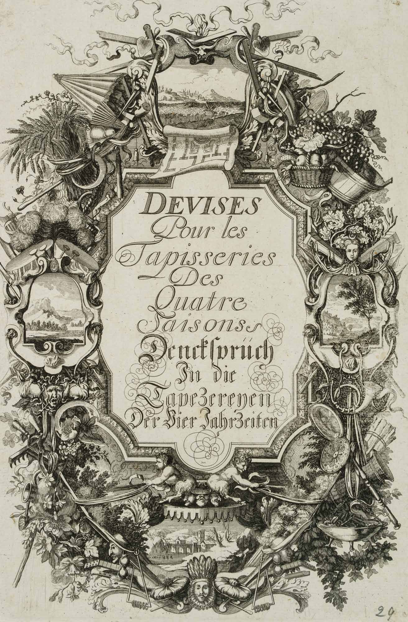 J. KÜSEL (*1650) after LE CLERC (*1626), Motto: The Four Seasons, around 1700, Copper engraving: Johanna Sibylla Küsel (around 1650 Augsburg - 1717 ibid.) after Sébastien Le Clerc (1626 Metz - 1714 Paris): Motto: The Four Seasons, c. 1700, Copper engraving Technique: Copper engraving on