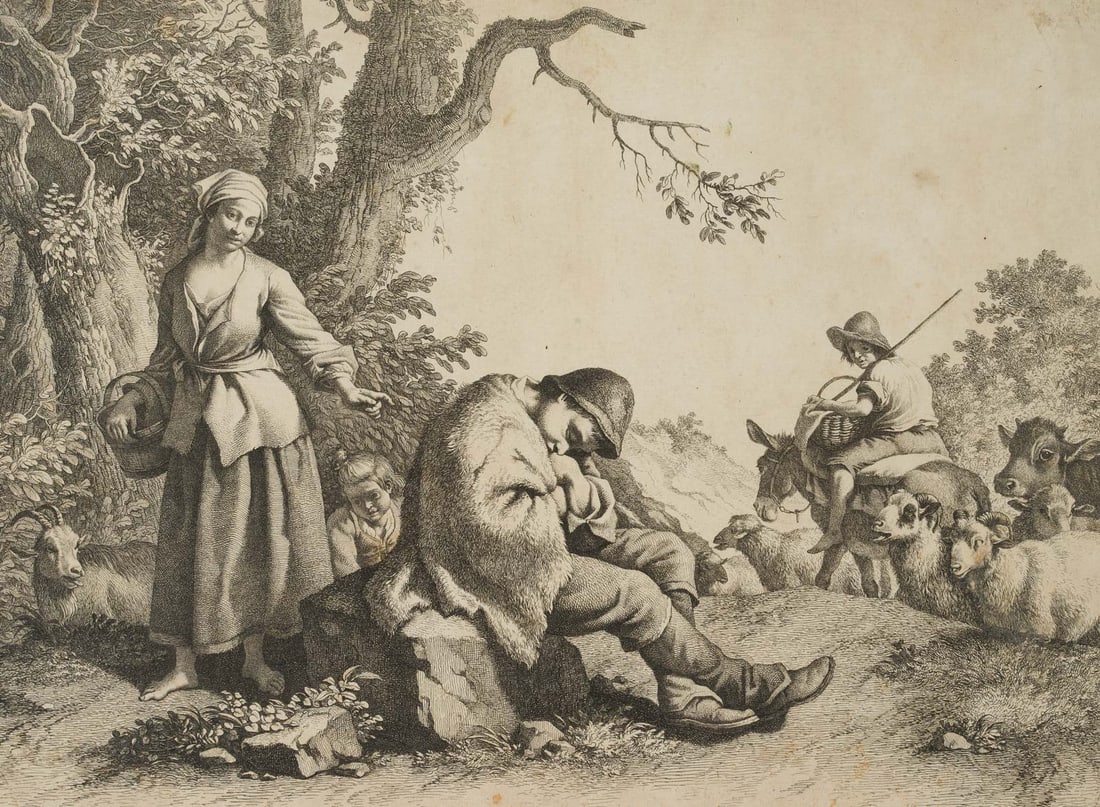 F. LONDONIO (1723-1783), The Sleeping Shepherd, Etching: Francesco Londonio (1723 Mailand - 1783 ibid.): Sleeping shepherd curiously eyed by a farmer's wife with child and a shepherd on a donkey with cow and flock of sheep, 18th century, Etching Technique: 